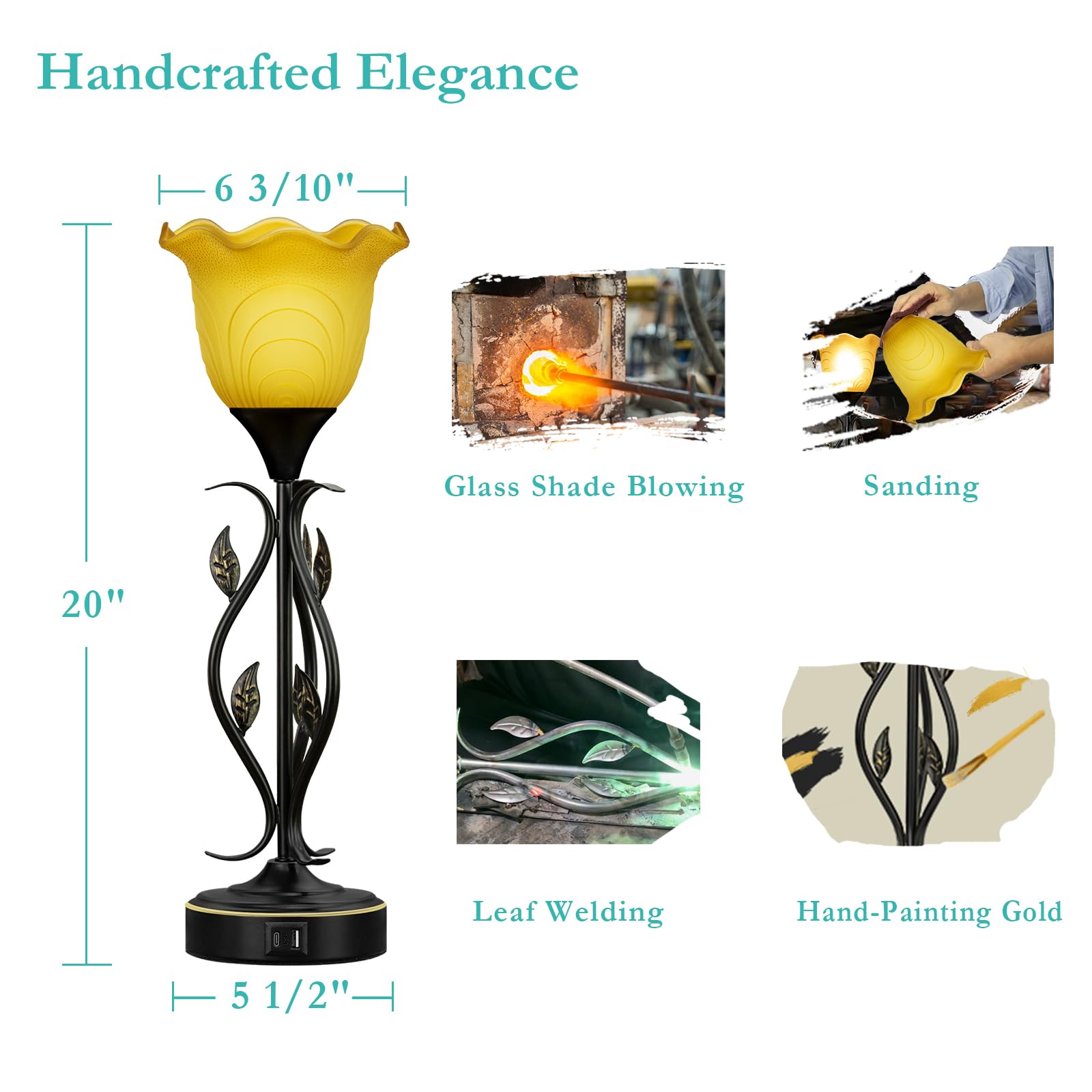 20'' Table Lamps For Living Room - Set Of 2 Touch Bedside Lamps With Usb C Ports, Leafy Vines Amber Flower Shade, Torchiere Desi