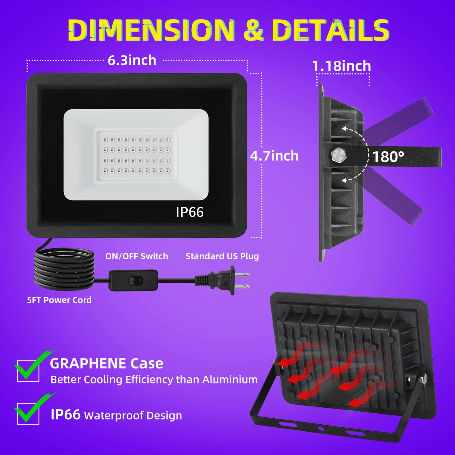 36W Led Black Light Ip66 Waterproof, Outdoor Blacklight Flood Light With Plug+Switch+Cord, Light Up 22X22Ft, For Neon Glow In The Dark Party Body Paint Fluorescent Poster Classroom Bedroom Halloween