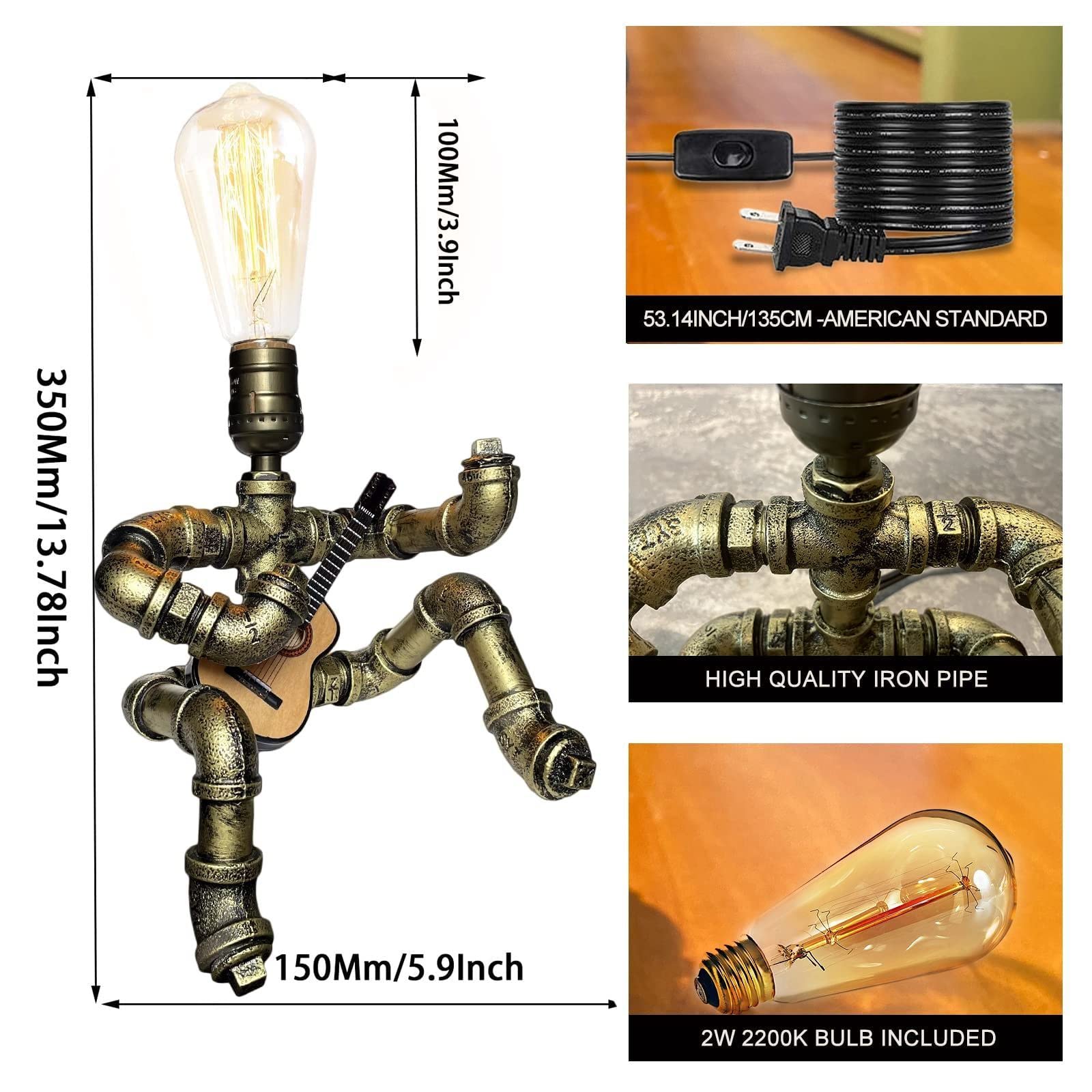 WIBOTA Steampunk Guitar Table Lamp - Retro Industrial Metal Design, Bronze with Guitar & Lights
