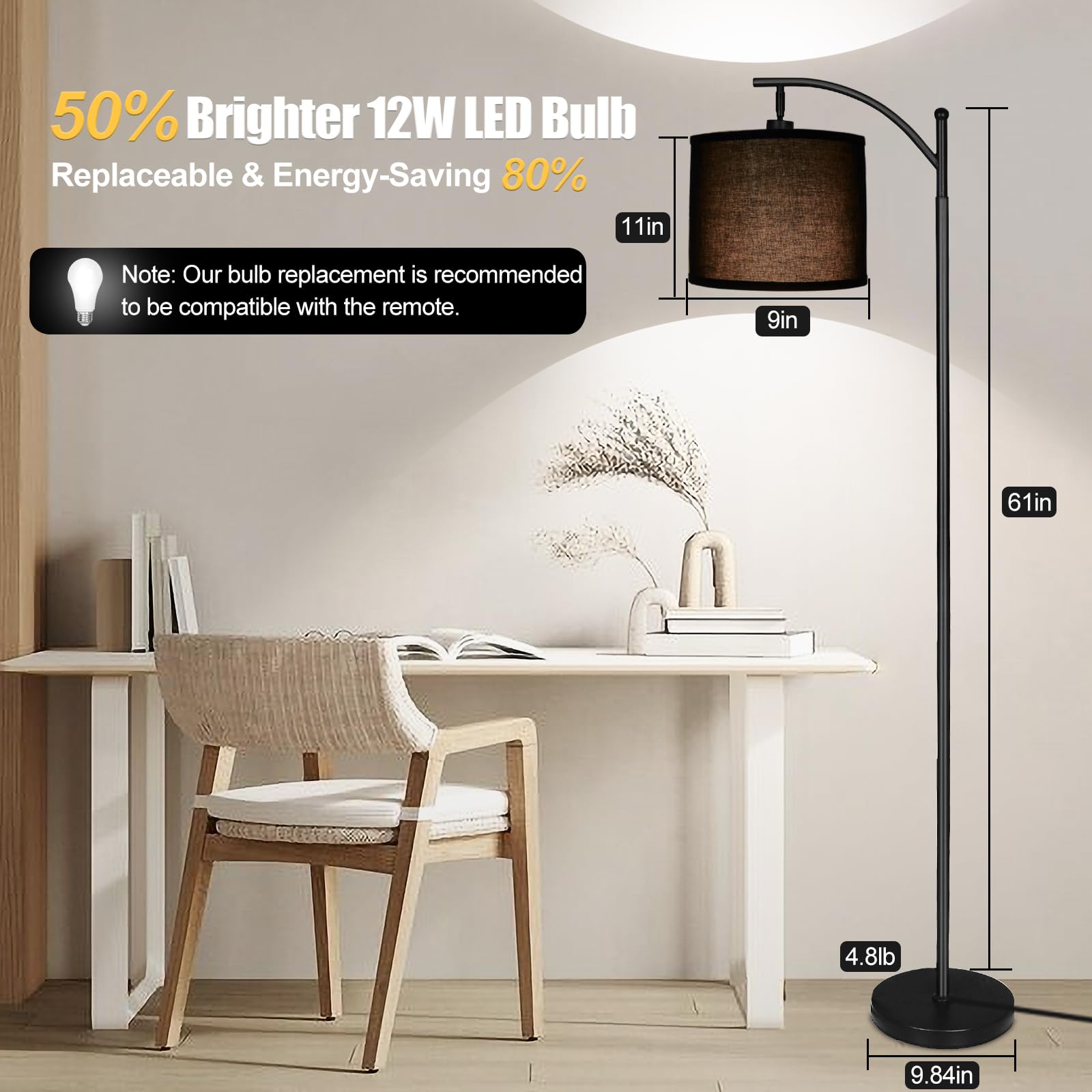 Mukuxin 12W Led Arc Floor Lamp With Remote, Dimmable Linen Shade, Black - Modern Living Room Light