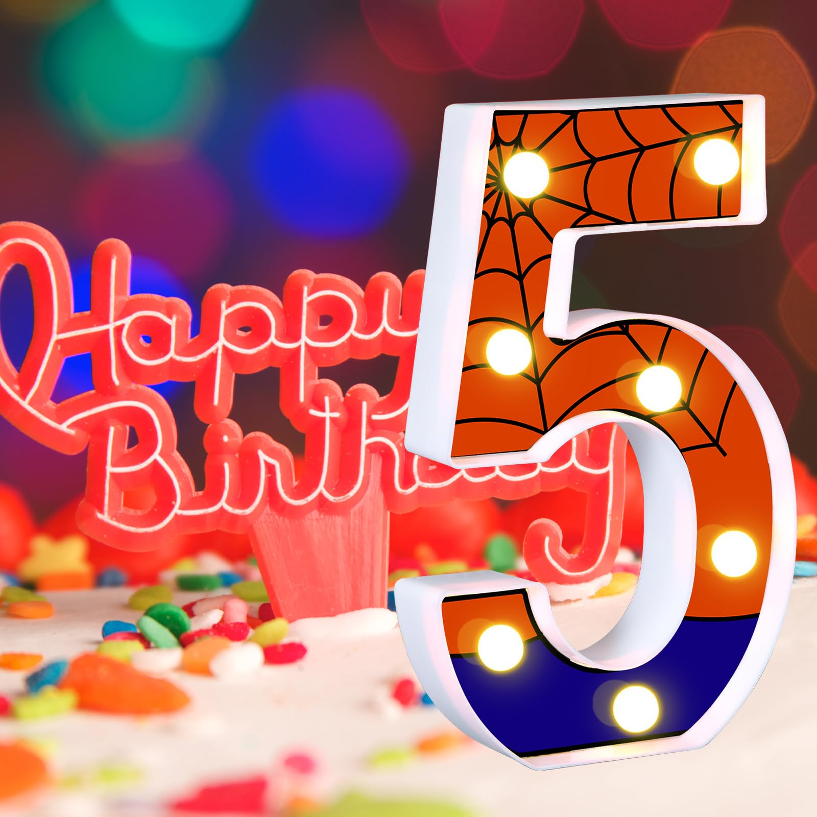 AXBMM Spider Light Up Birthday Sign, Number 5, LED, PP Plastic, Blue/Red, Party Decorations, Model XY-366