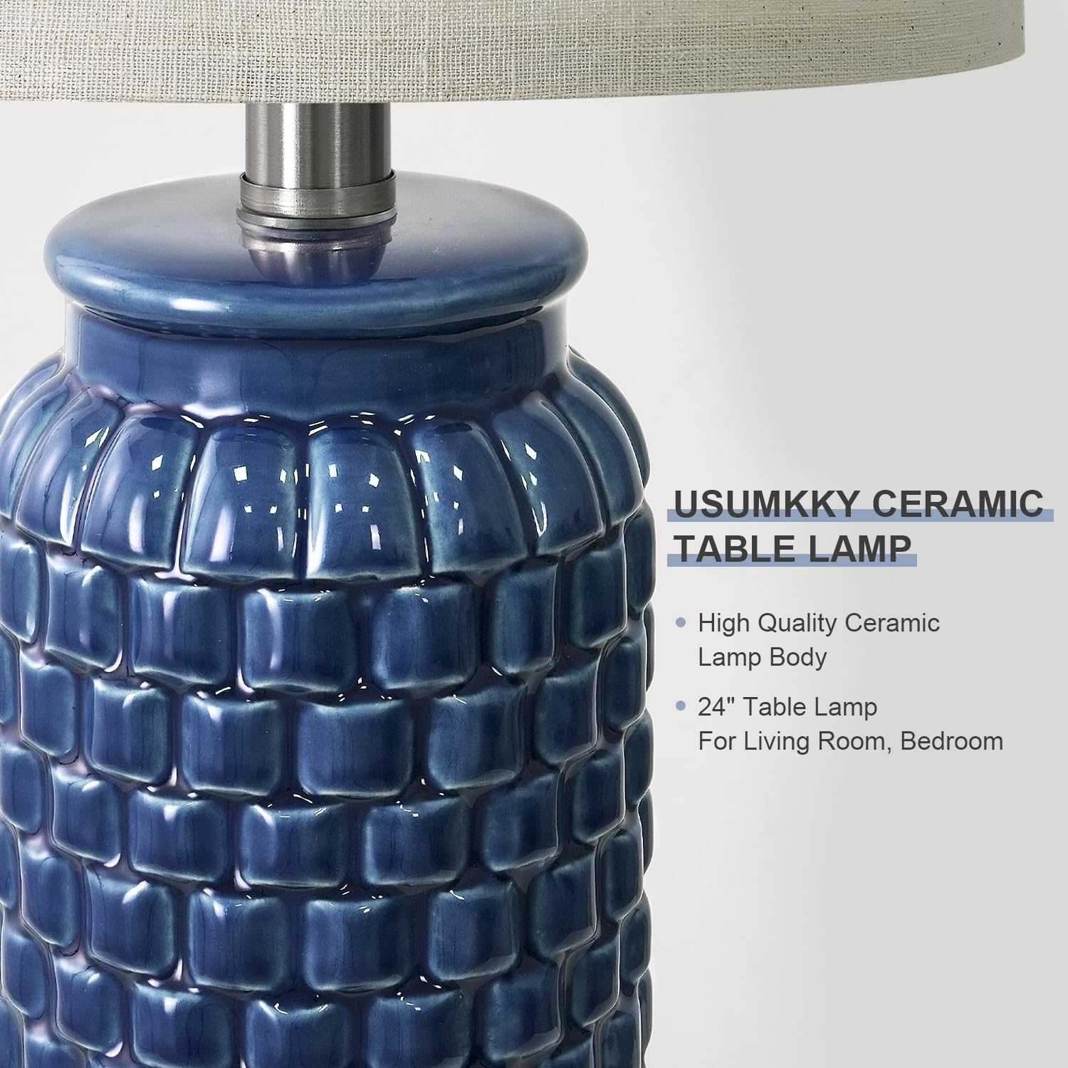 Usumkky 24 Inches Modern Ceramic Dark Blue Bedside Lamp Set Of 2 For Bedroom Decor Farmhouse Table Lamp For Living Room Office D