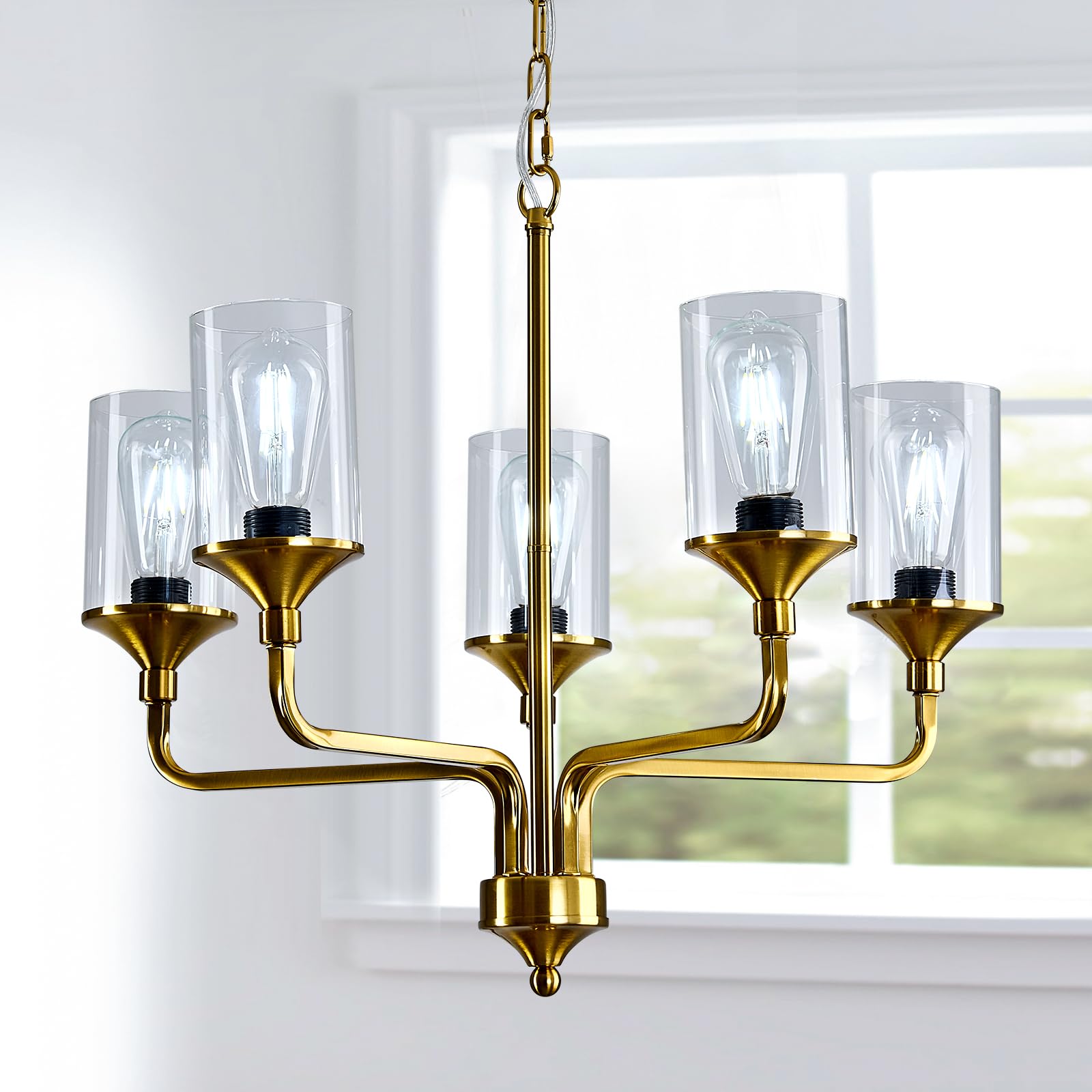 Szxykeji Gold 5-Lights Glass Chandelier Rustic Metal Pendant Lighting Ceiling Light Fixtures Hanging For Farmhouse Kitchen Livin
