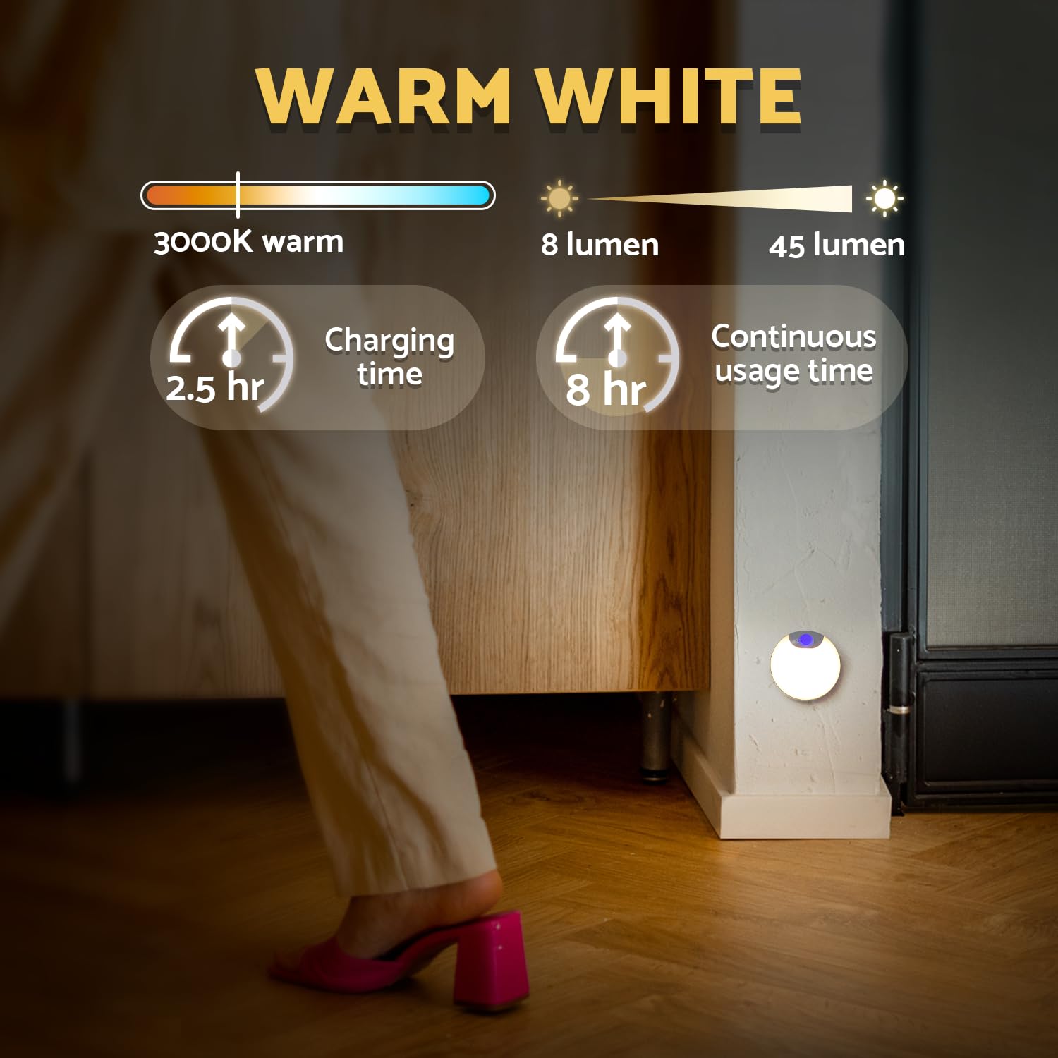 DAZZY DOT Motion Sensor Night Light 2-Pack, Rechargeable, Dimmable, Magnetic, White, 3.17” x 0.93”, Model PLT-HKQ-