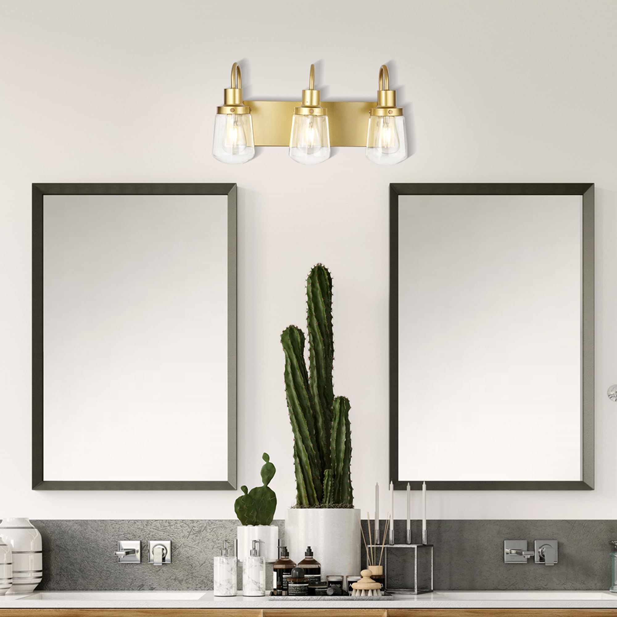 Yaohong Industrial Wall Sconce 3-Lights Modern Vanity/Bathroom Lamp In Painted Gold With Clear Glass Shades Wall Mount Light Fixtures For Hallway Kitchen Living Room