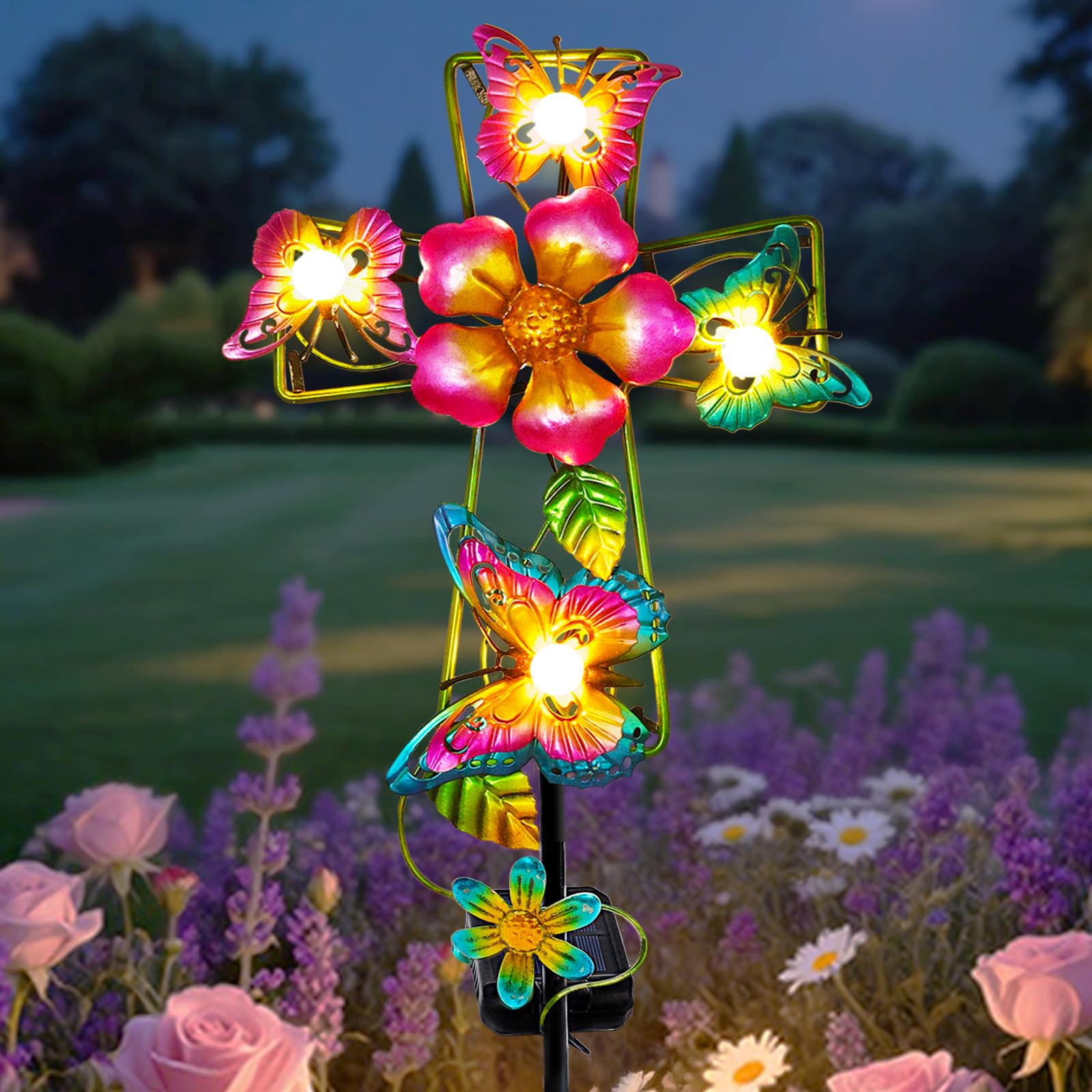 YJFWAL Solar Butterfly Cross Garden Stake Light, Metal, Warm White, Model Butterfly Cross-1, Cemetery Decoration