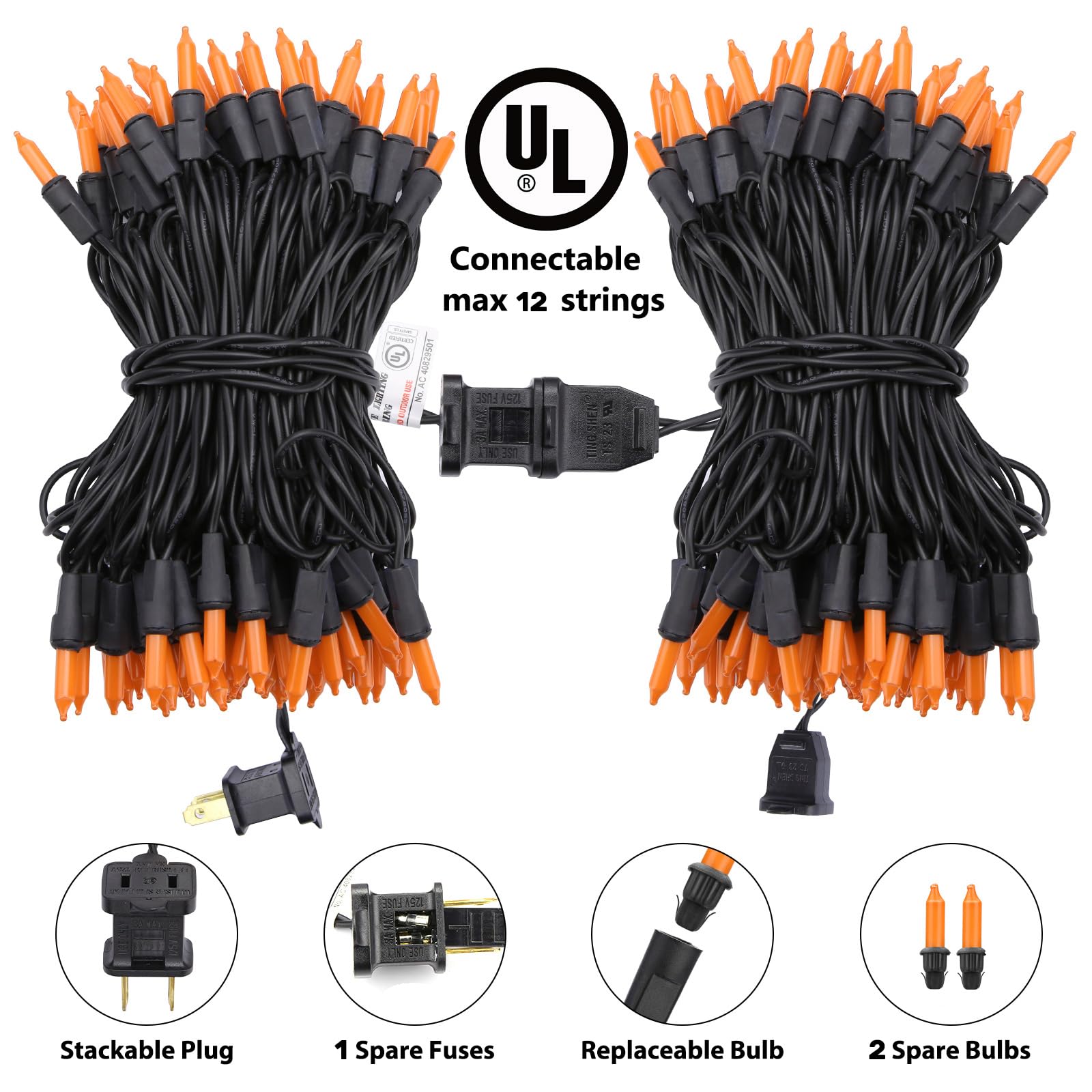 Toodour Orange Halloween Lights, 12.5ft 50 Count Incandescent Halloween String Lights, UL Certified Connectable Mini Bulbs Orang