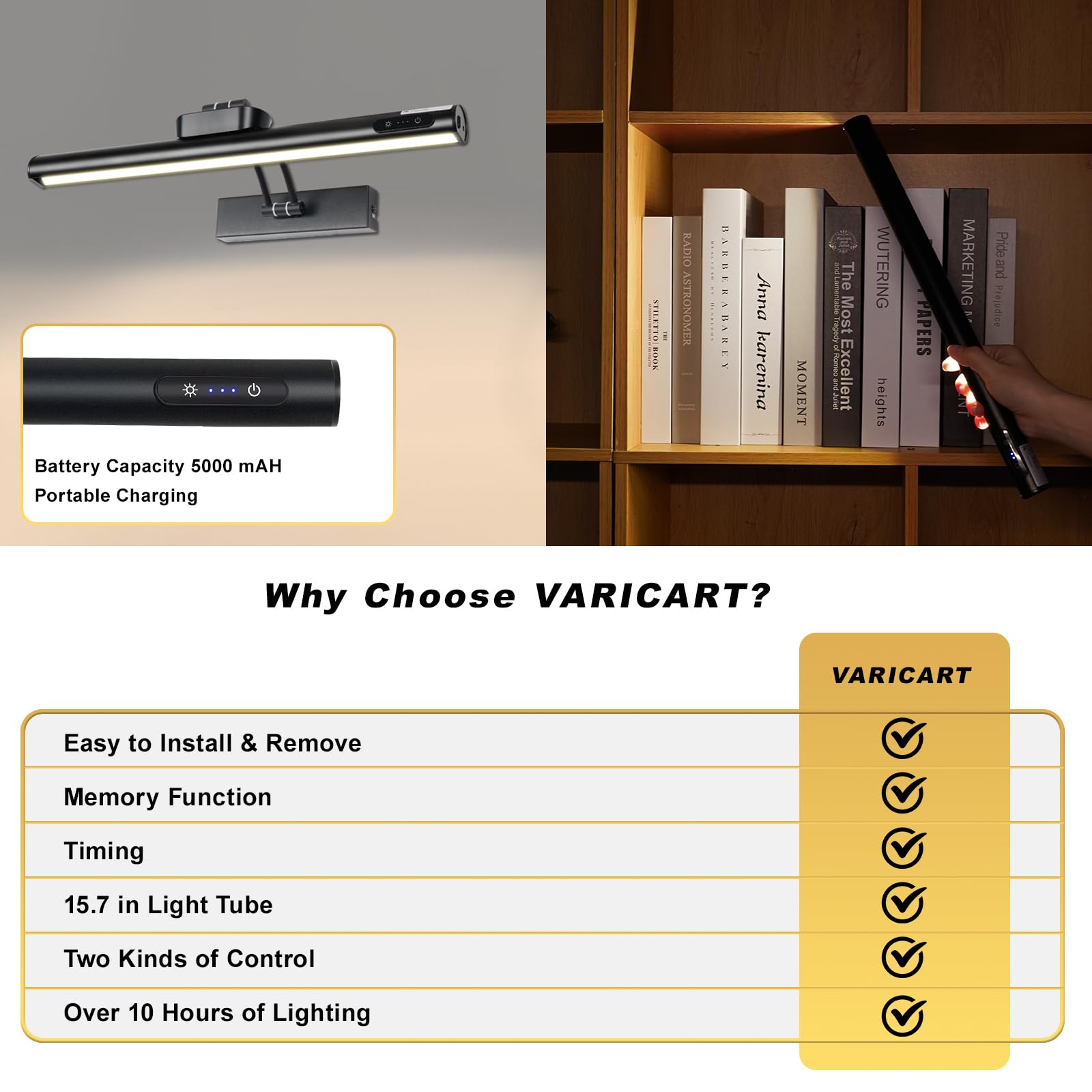 VARICART Magnetic Cordless Picture Light - 16in Metal, Dimmable, Remote Control, Black, 5000mAh Battery, Adjustable Angle