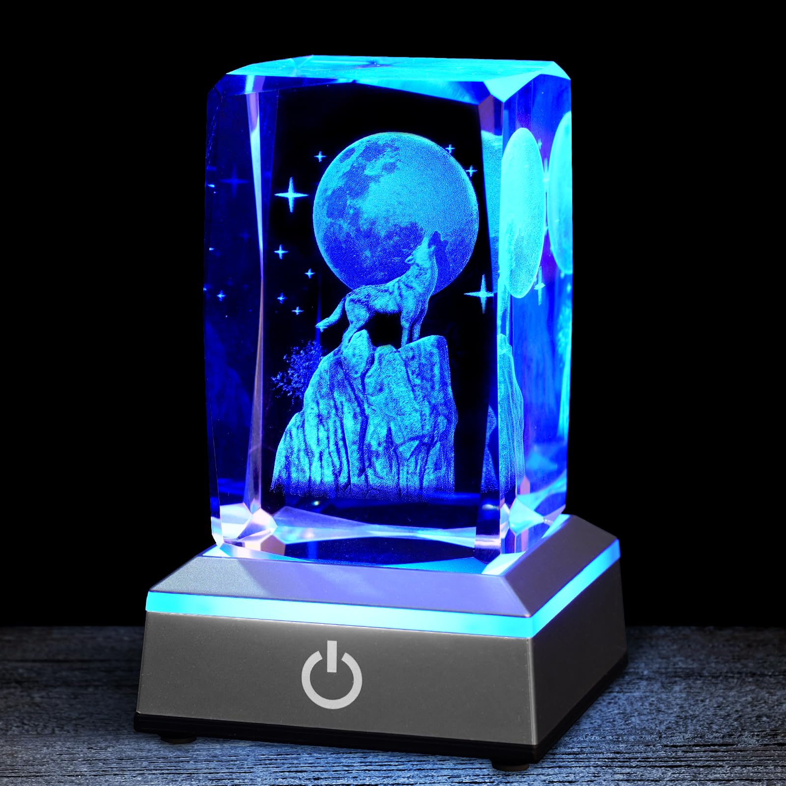 Eicxjui 3D Wolf Crystal Night Light with Multicolor LED Base Glass Laser Engraved Wolf Figurines Statue Gifts for Boys Girls Bir