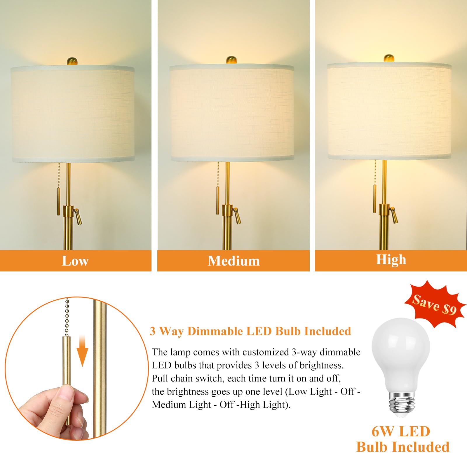 Qingmiao Modern Adjustable Height Floor Lamp, Gold Brass with Marble Base, 3-Way Dimmable, White Linen Shade - Ideal for Living Room & Bedroom