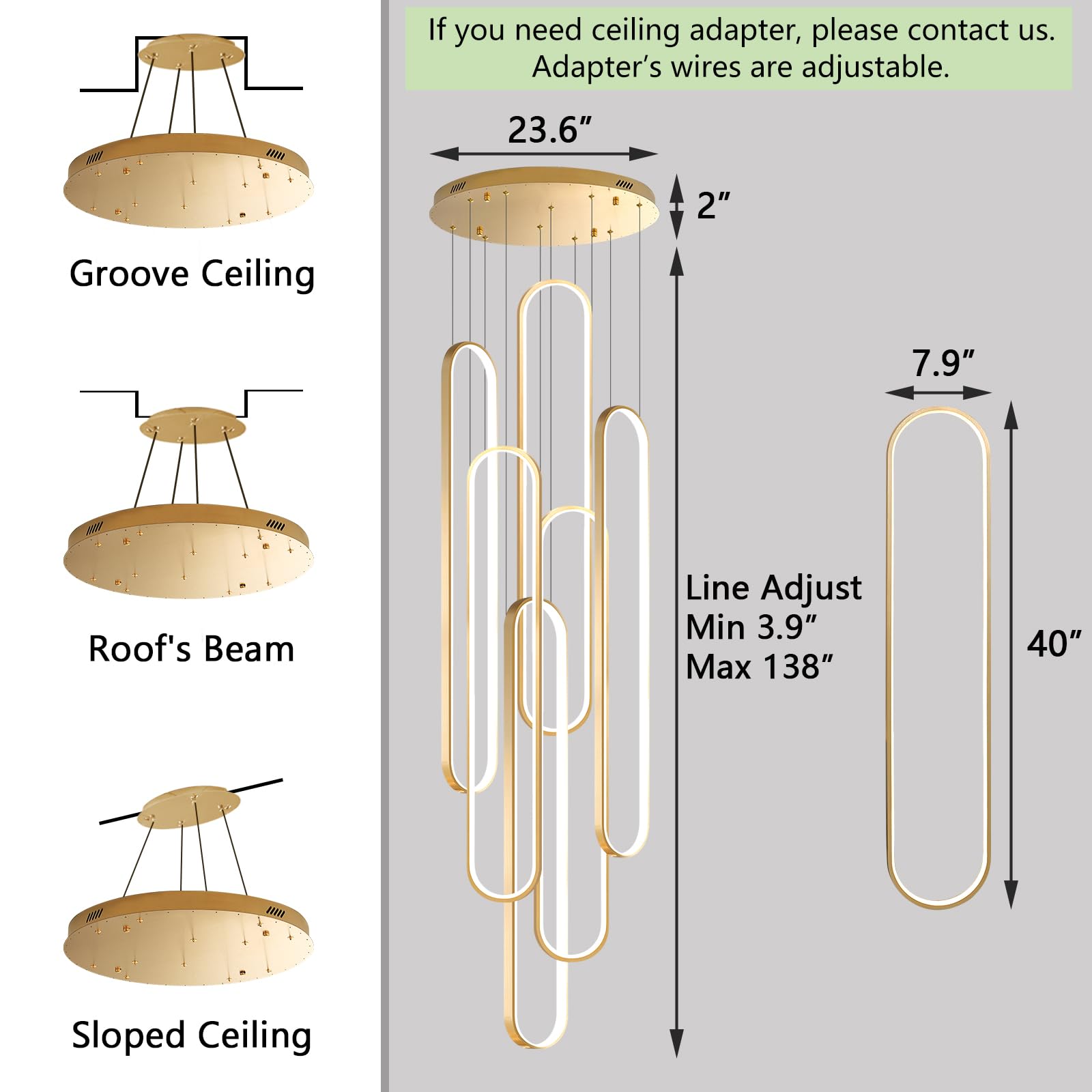 dolria 6-Rings LED Chandelier, Gold Flush Mount Light, 40in x 7.9in, Dimmable, Remote Control, Model PC1013-6*100G