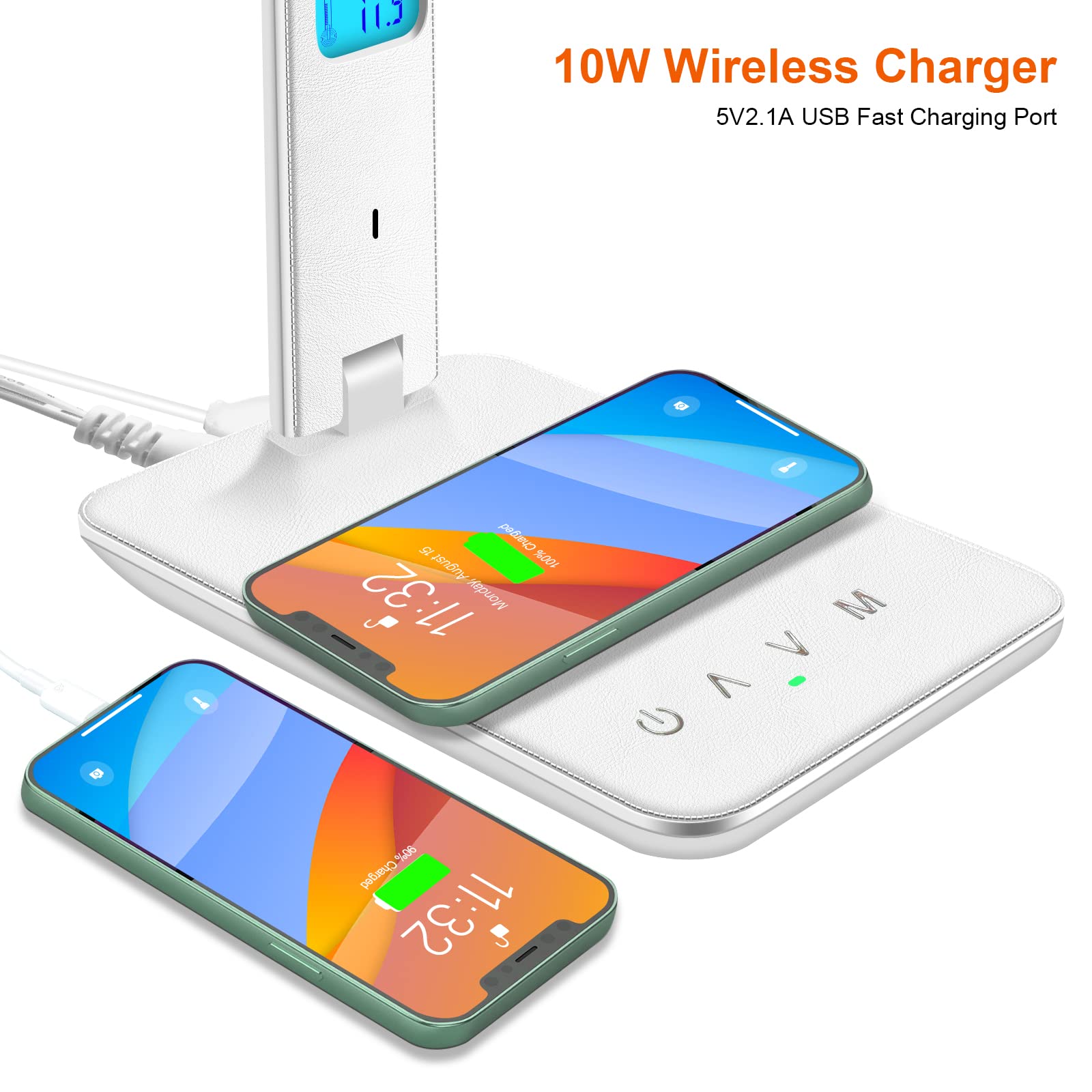 Snsok Desk Lamp With Wireless Charger, Usb Port, Dimmable Light & Clock - White