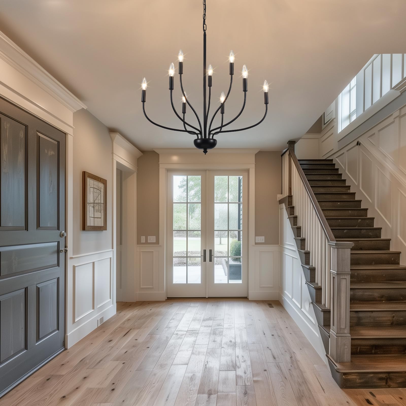 Black Chandeliers For Dining Room Light Fixture, 9-Light Farmhouse Candle Chandelier Foyer Lighting Fixtures, Industrial French