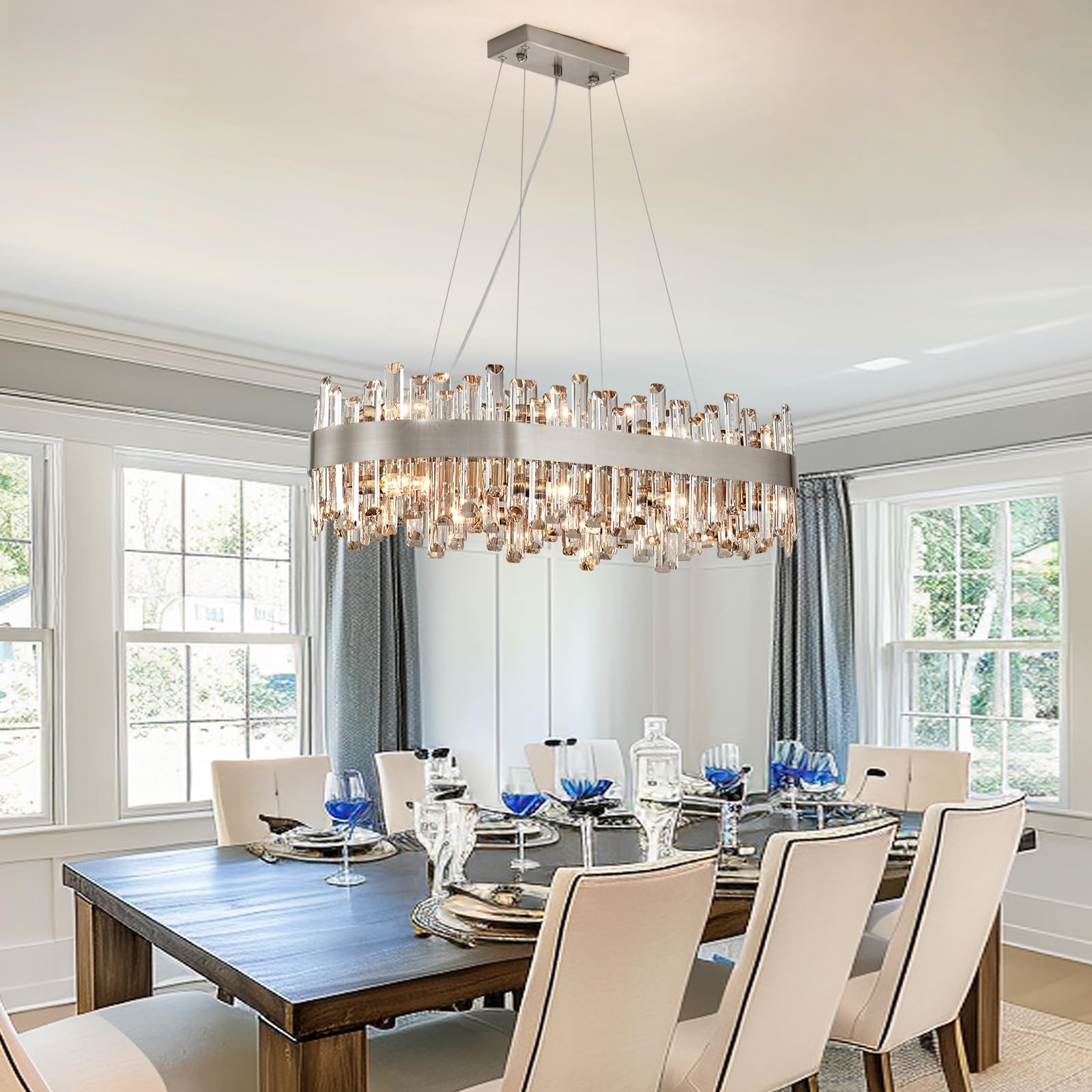 Siljoy Modern Crystal Chandelier, 16 Lights, Rectangular 35.4'', Polished Chrome, K9 Crystal, Luxury Pendant Light for Dining Room