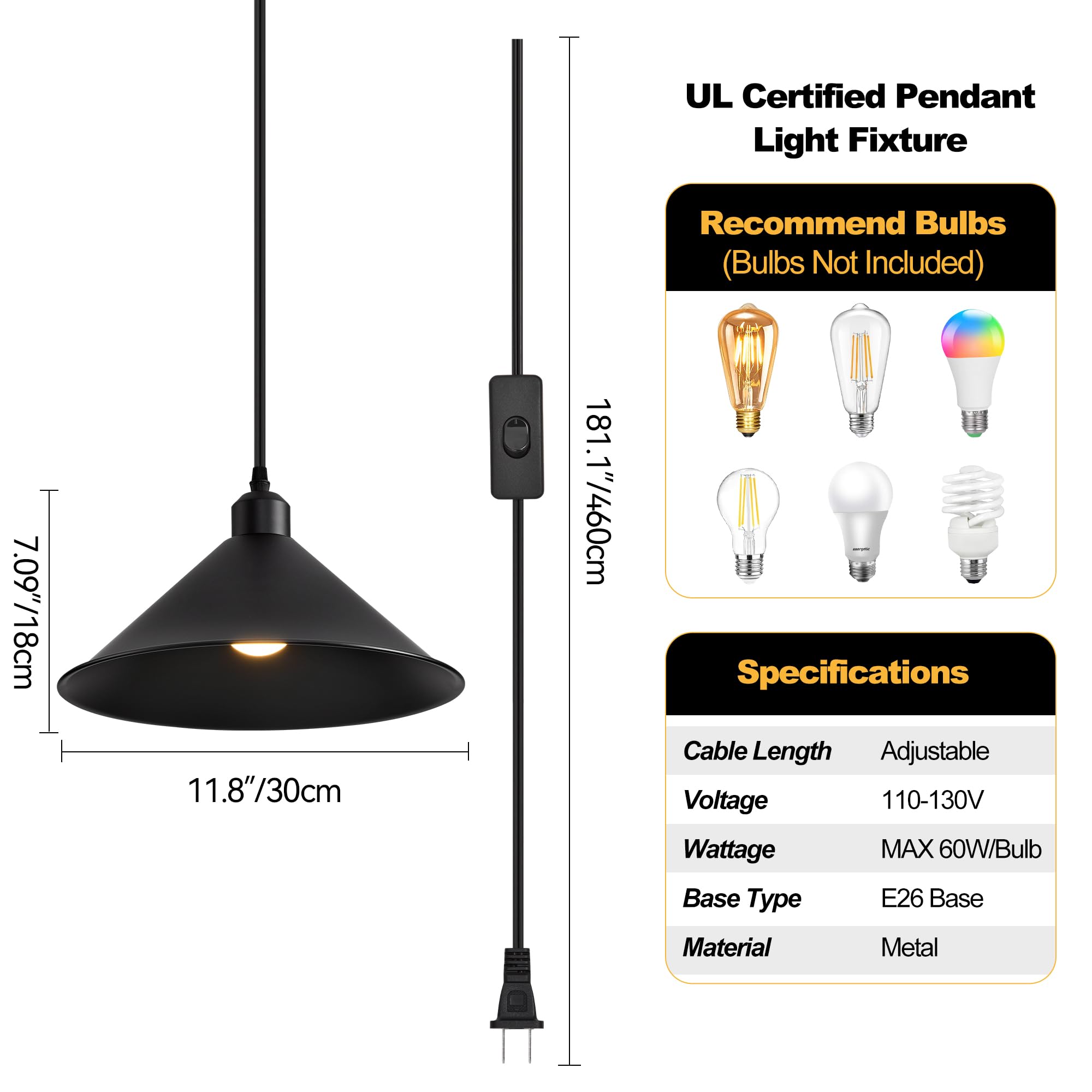 Aojunsansan 11.8In Plug In Pendant Light  2 Pack Industrial Hanging Lamp Black Vintage Pendant Lighting Fixtures With 15Ft Cord On/Off Switch For Kitchen Island Dinning Hall  Bedroom