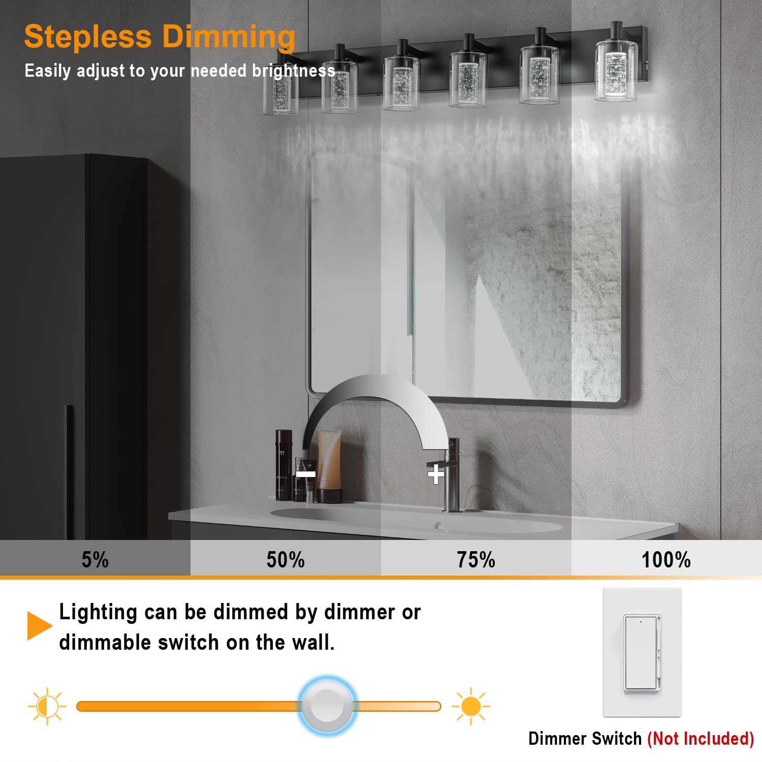 SineRise Vanity Light Fixture, Dimmable Modern Wall Light, 3 Color Modes, 6-Light, Black, Metal, Model S0028