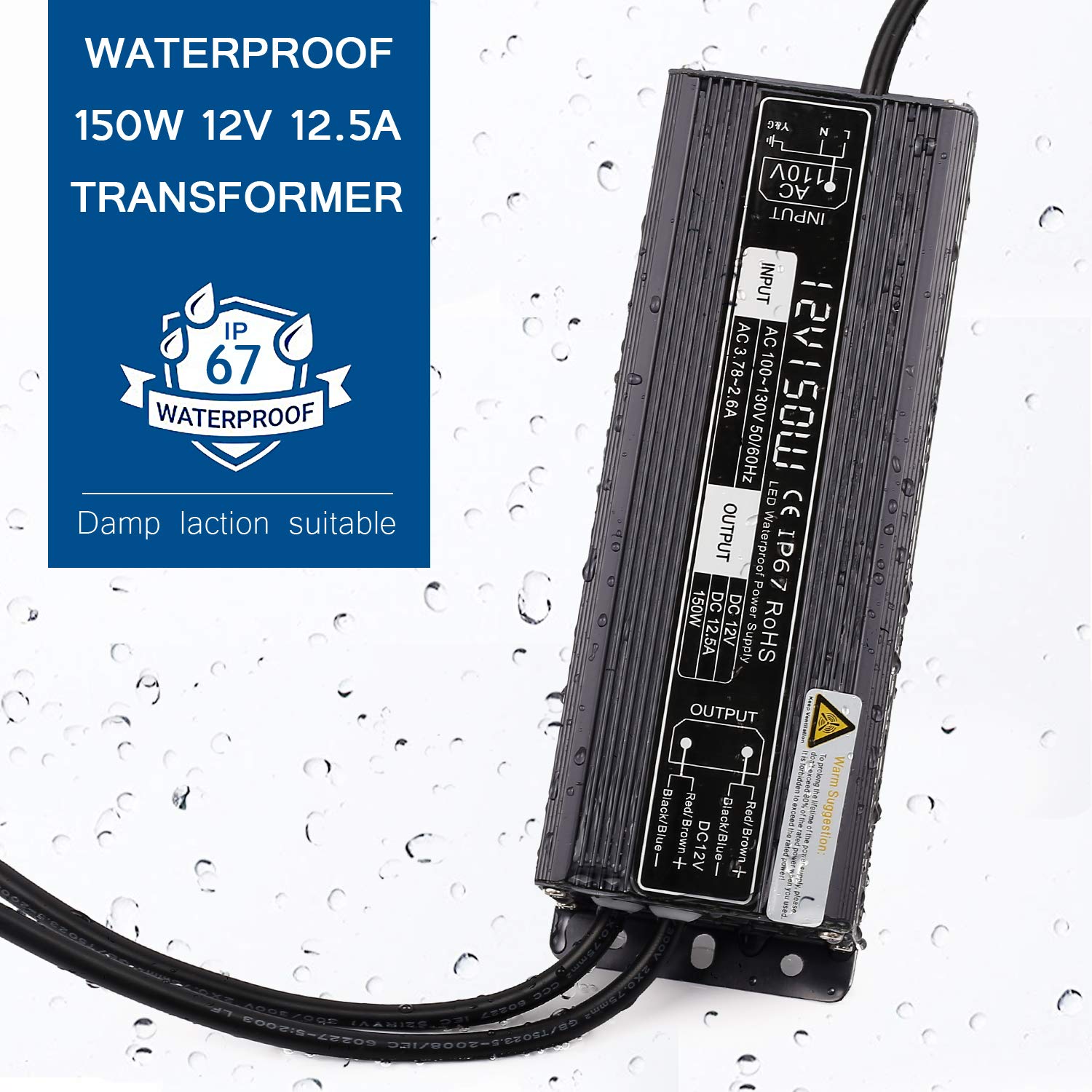 SUNVIE 150W LED Driver Power Supply, Waterproof IP67, 120V to 12V Transformer, Black, for Indoor/Outdoor LED Lights