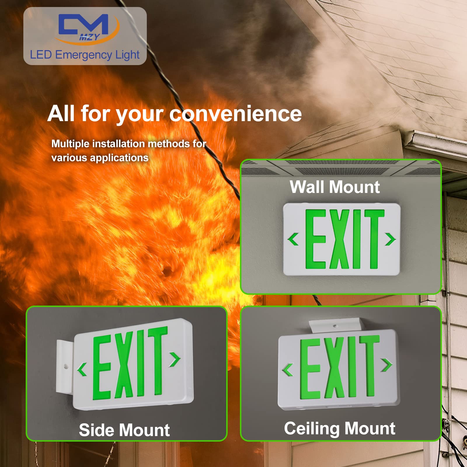 Cm Mzy Led Exit Sign With Emergency Lights,Exit Sign Light With Battery Backup, Double Side Green Letter Commercial Emergency Exit Sign Lights,Ac 120-277V, Ul Certified,2Pcs