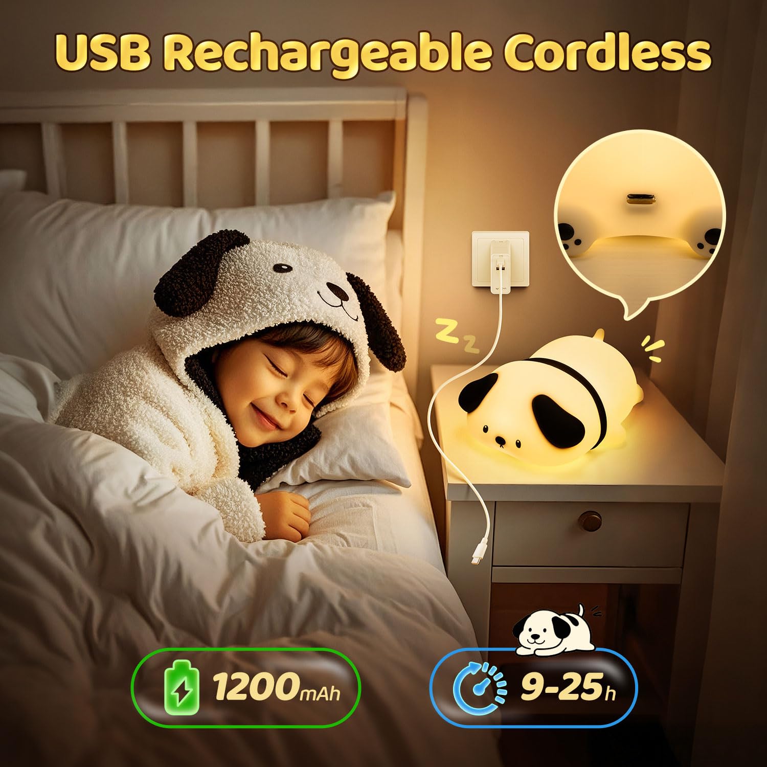 One Fire Night Light for Kids, 16 Color Changing, Dimmable, Soft Silicone, Portable, Model WH-A42, Black