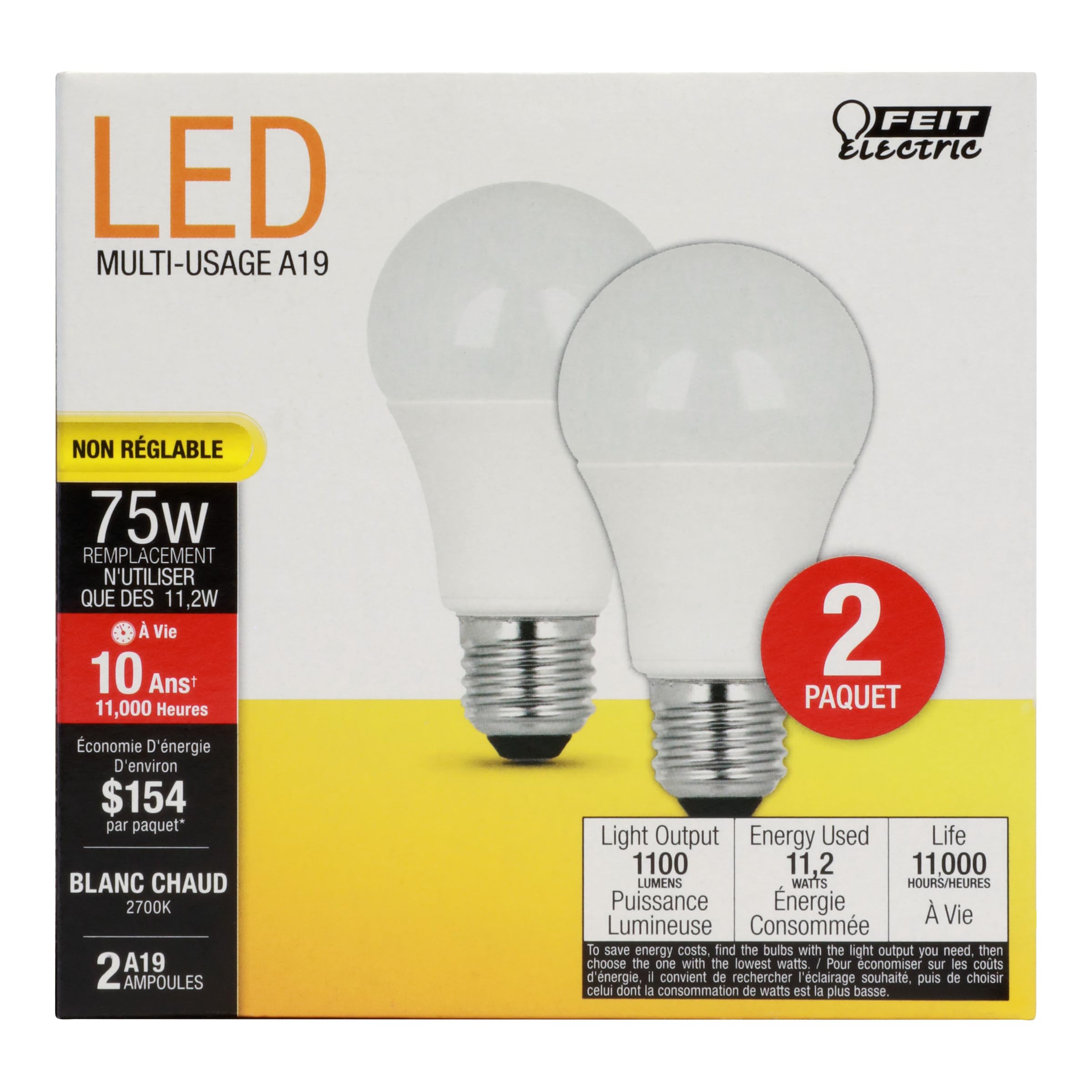Feit Electric A19 LED Light Bulbs, 75W Equivalent, 1100 Lumens, E26 Base, 2700k Soft White, 2 Pack, Model A1100/