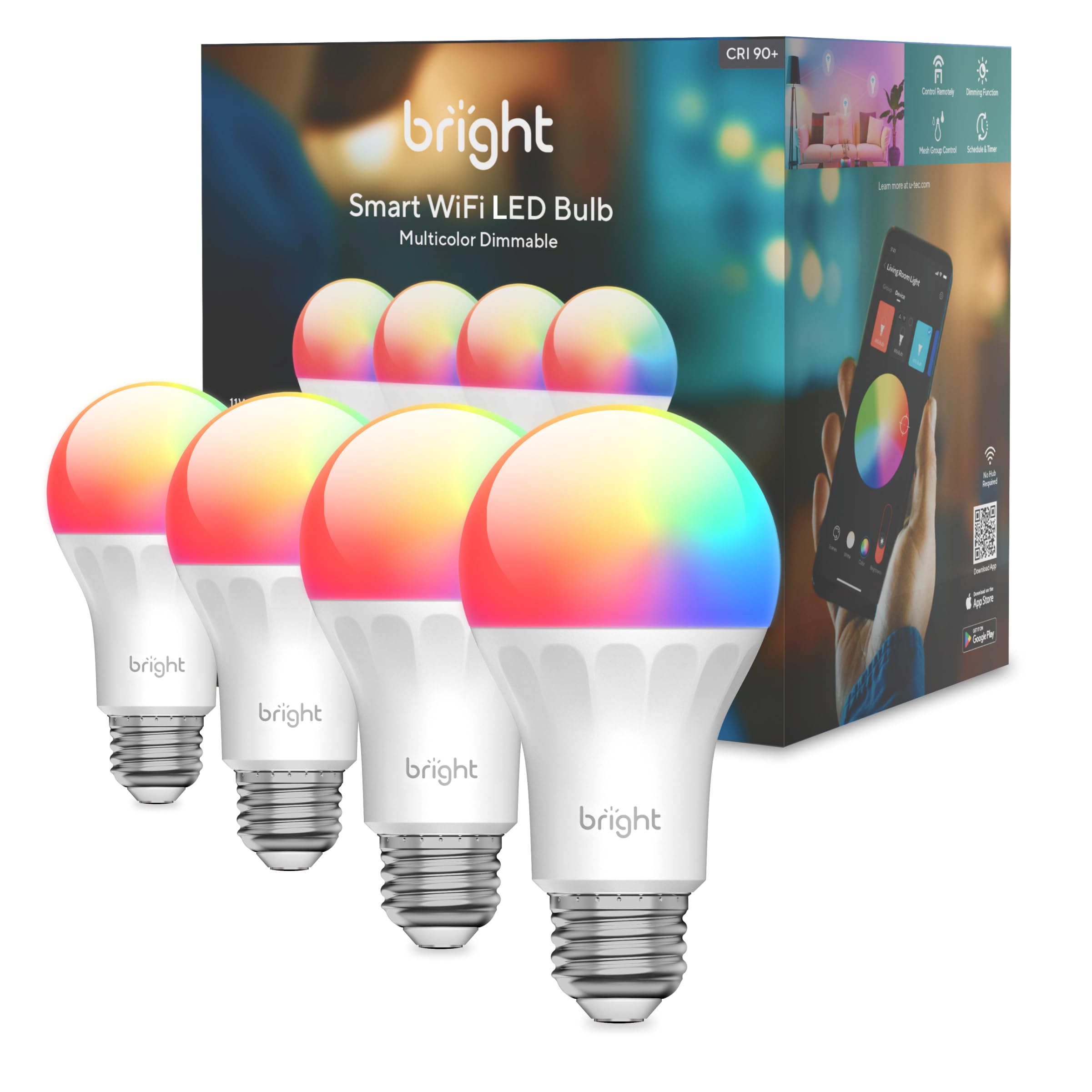 U-Tec Smart Light Bulbs  1100 Lumen  90+Cri Wifi Mesh & Bluetooth Color Changing A19 Light Bulb  16 Million Diy Colors Rgb Light Bulbs  Compatible With Alexa  Google Assistant Home App  4 Pack