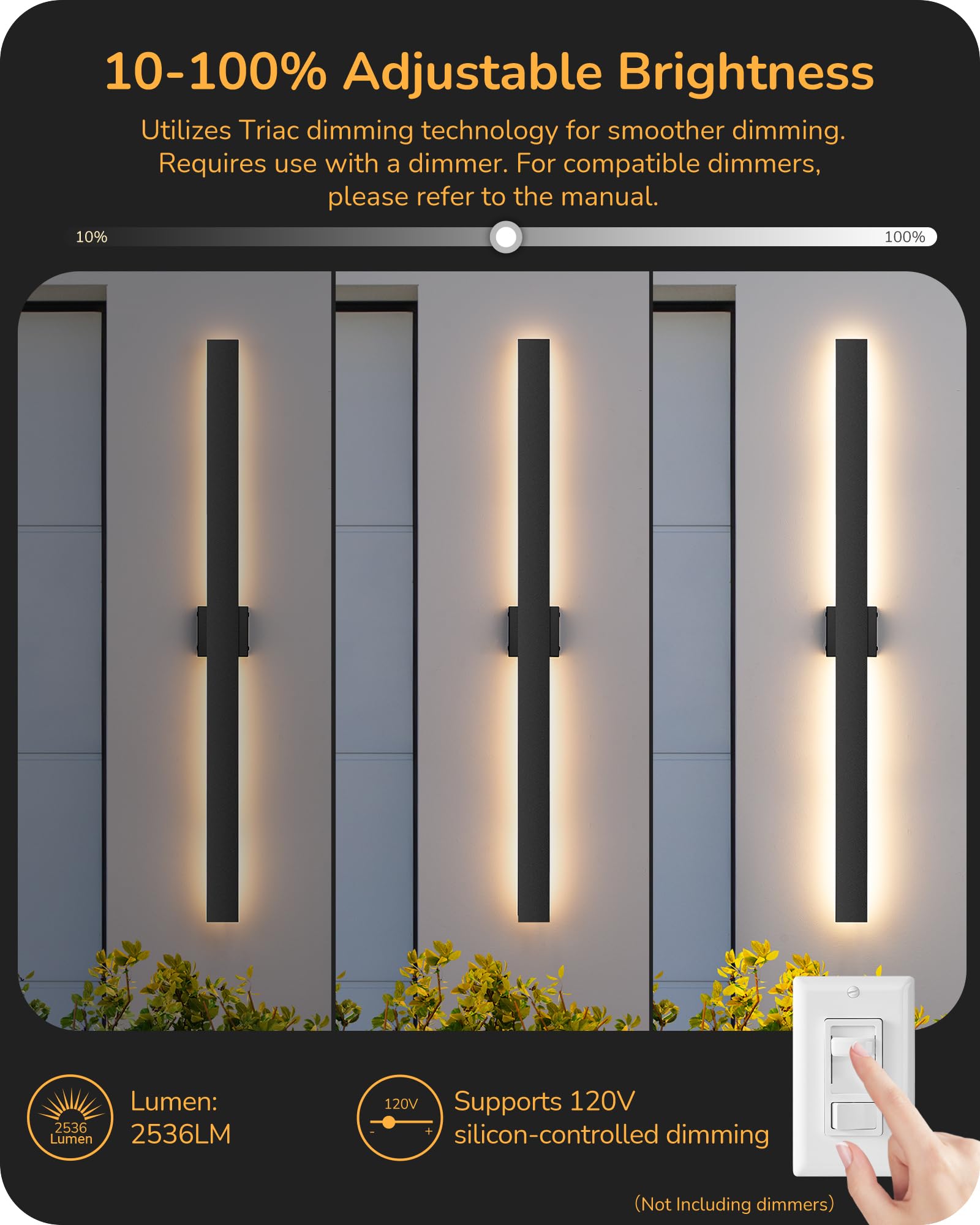 EDISHINE 47" LED Outdoor Wall Lights, IP65 Waterproof, Dimmable 10%-100%, Black, Modern Design, 2 Pack, Model BD050