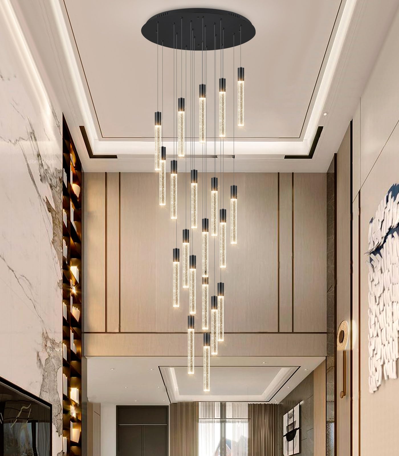 HAIXIANG 13FT High Ceiling Chandelier, Modern Crystal Pendant Light, 20-Lights, Black, Dimmable, Flush Mount for Living Room Foyer, Model MMQ3810