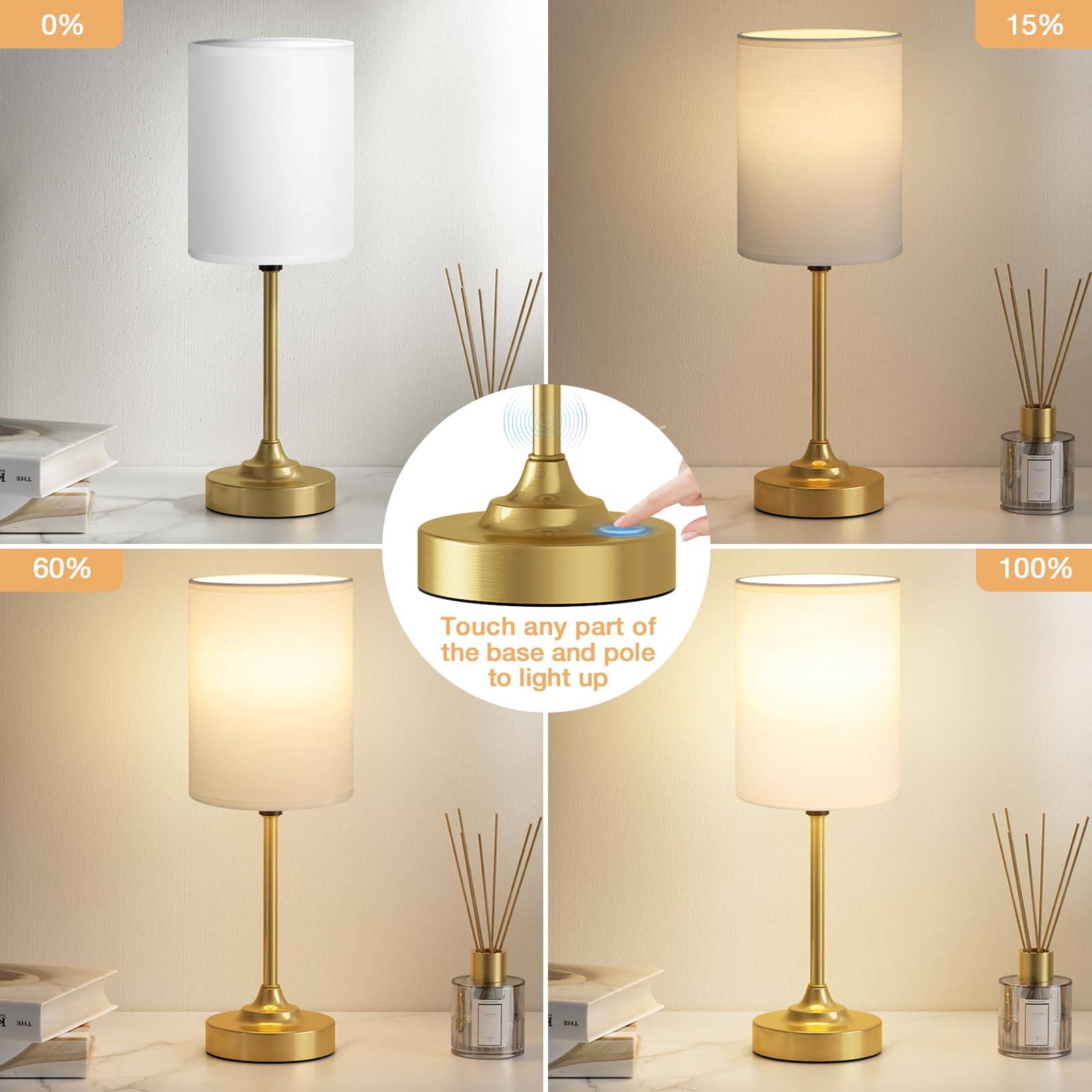 Fenmzee Gold Nightstand Bedroom Lamp - 3 Way Dimmable Bedside Lamp, Small Table Lamp Linen Lampshade For Office Desk, Led Bulb I