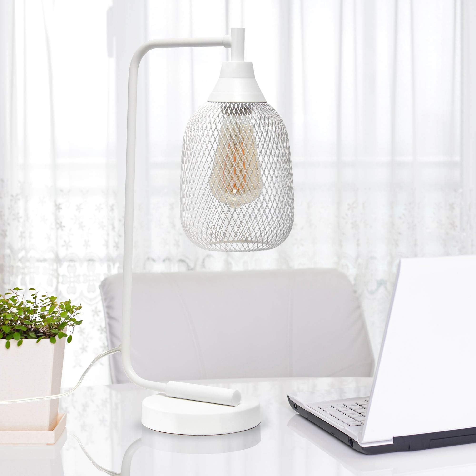LALIA HOME Industrial Office Desk Lamp, Metal, Wired Mesh Shade, 9 x 5.75 x 19 inches, White Matte Finish, Model LHD-2000-WH