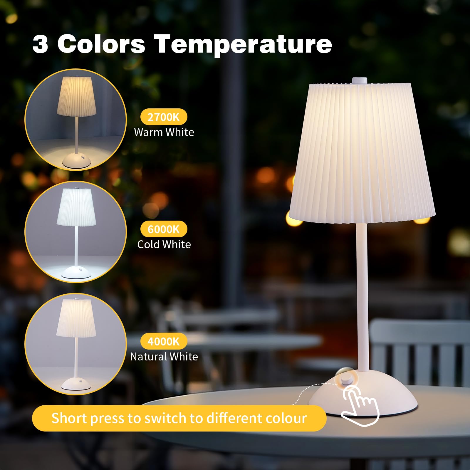 Portable Cordless Table Lamp, Fabric Shade Desk Lamps, 3000mAh Rechargeable Battery Operated Light, 3Color Dimmable Touch Lamp f