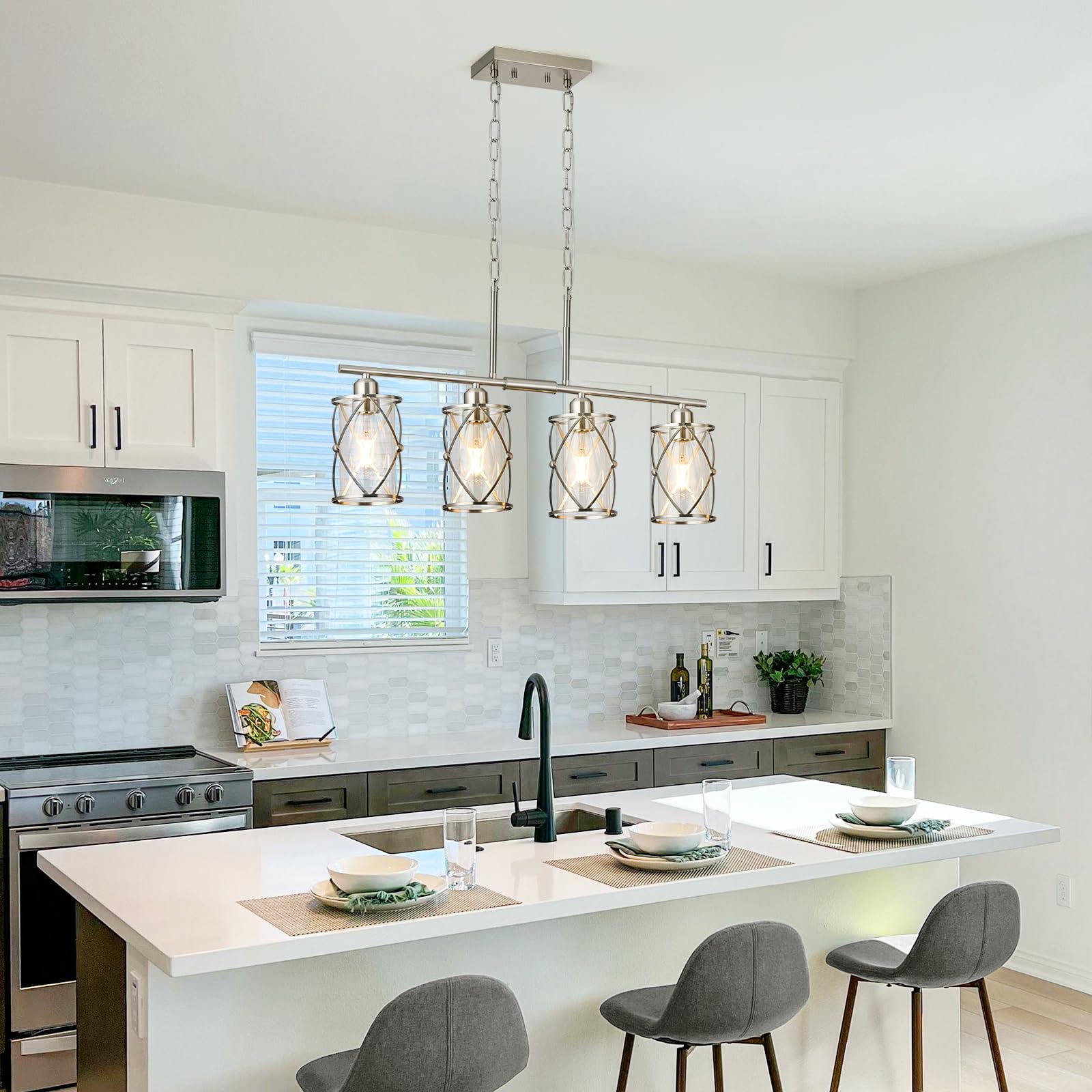 Osimir 4-Light Kitchen Island Lighting, Modern Brushed Nickel Dining Room Light Fixtures With Clear Glass, Farmhouse Industrial