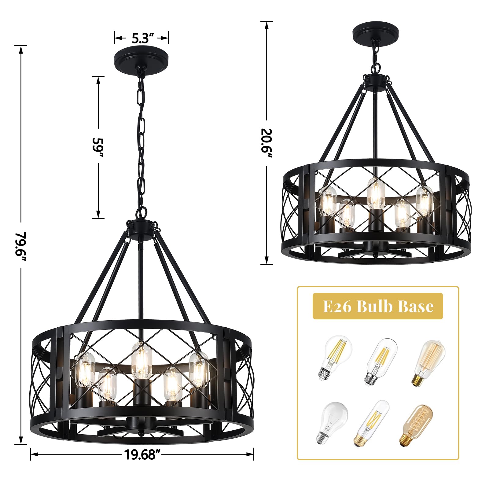 CWarmozy 5-Light Farmhouse Chandelier, 19.8" Black Rustic Pendant Light for Dining Room, Kitchen Island, Entryway, Bedroom, Hallway
