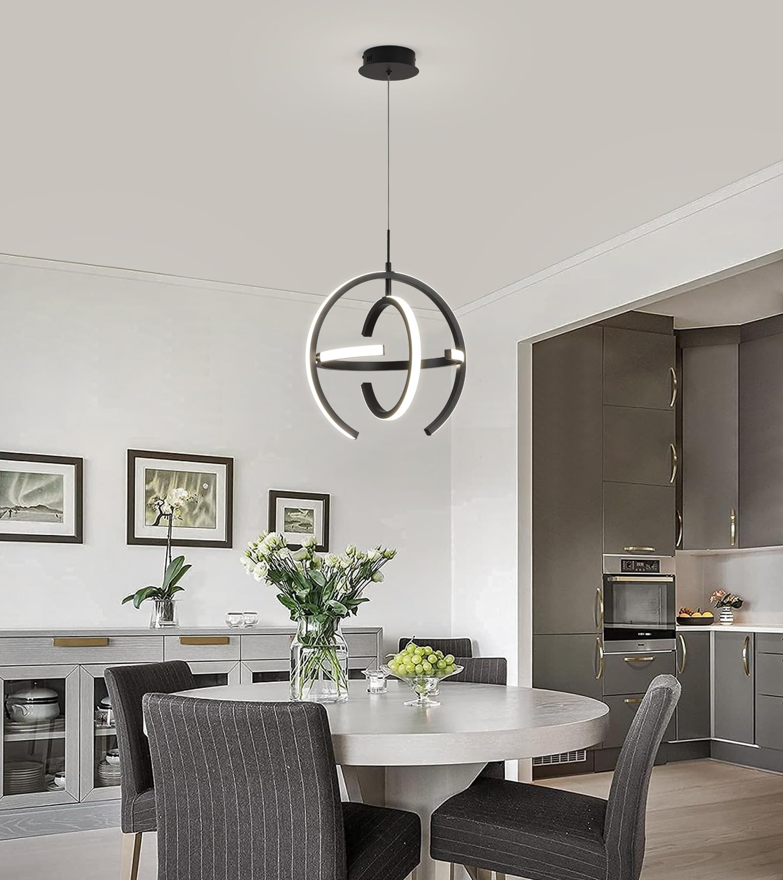 Q&S Modern LED Chandelier - Black Round Globe Pendant Light for Entryway, Kitchen, Dining, Living Room - W15" - Model P2028-BK