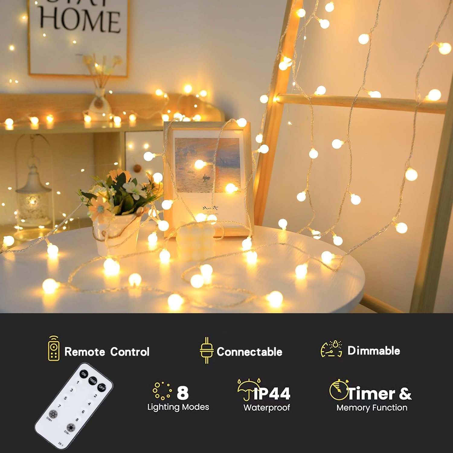 RaThun Globe String Lights, 200 LED, 116 Ft, 8 Modes, Waterproof, Warm White, Model JT-EL/FC300V0200
