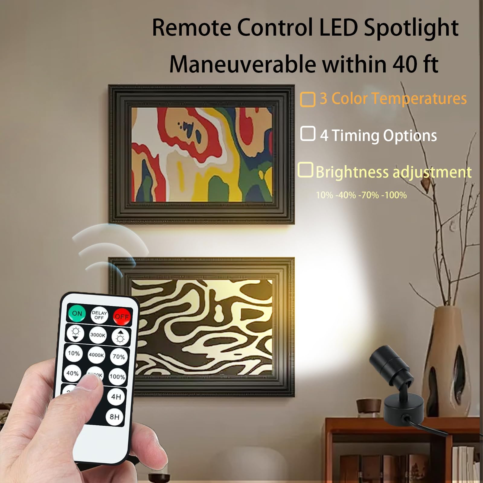MIOBLUE 2Pack LED Spotlights Indoor, 3W Dimmable with Remote Control, Timer, 3 Colors, 5.9 FT Cord, Black, Model 03Spot-