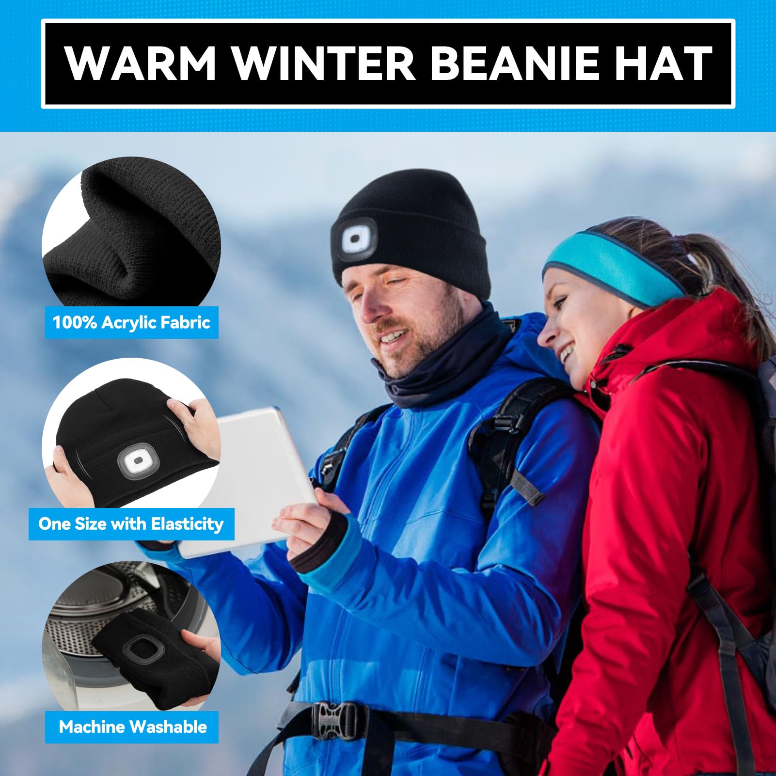 FFIPBGE Beanie Hats with Light, USB Rechargeable Headlamp, 2 Pack, Black, Model BHL2413, Ideal for Camping and Hiking