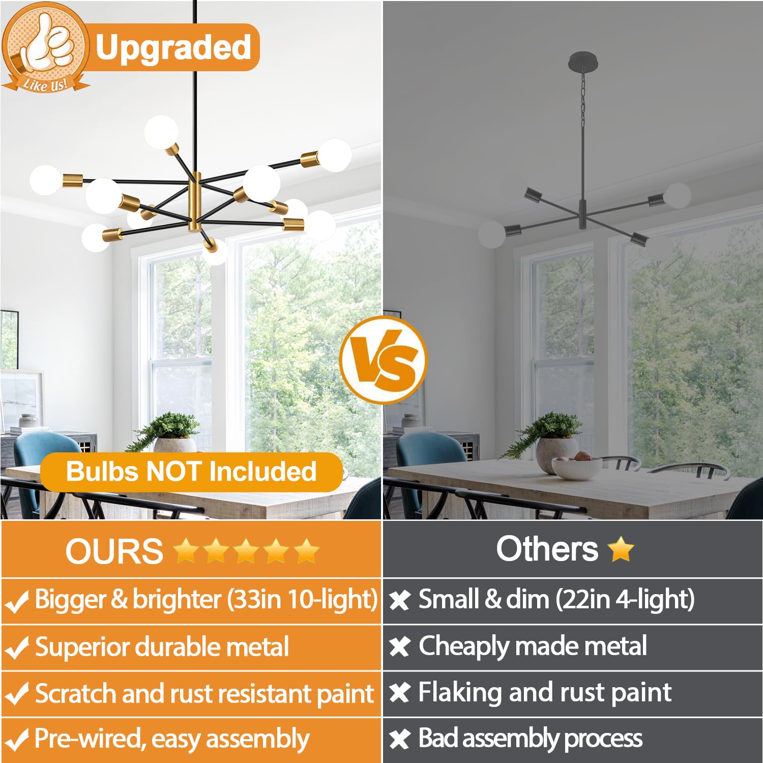 33'' Modern Chandelier Ceiling Light Fixture, 10-Light Sputnik Chandeliers Gold And Black Dining Room Light Fixture, Height Adju