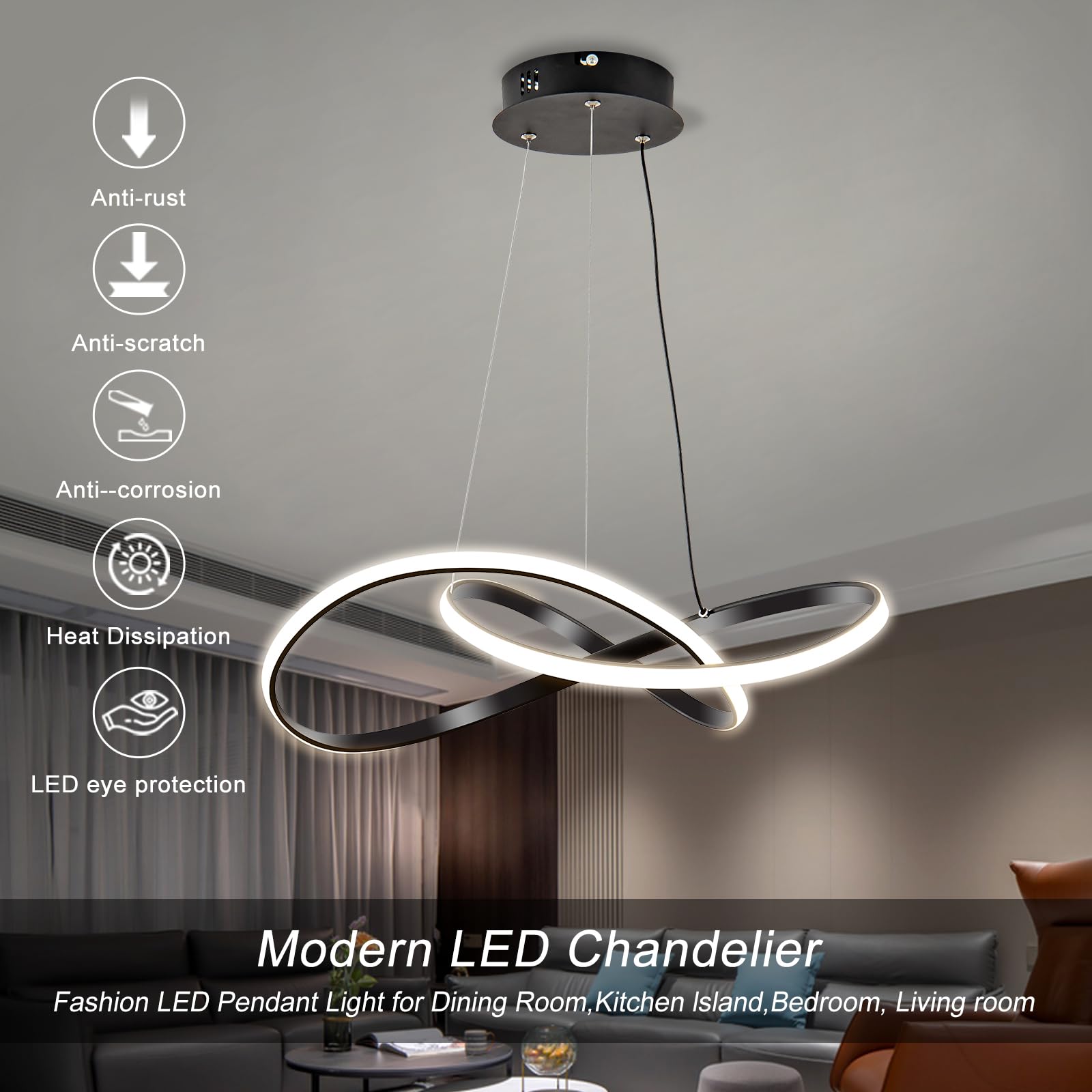 Viruhaka Black Modern Led Pendant Light Fixture - Irregular Ring Design For Dining & Living Room