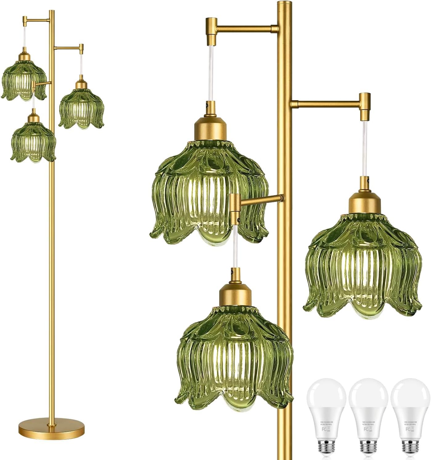QIYIZM Gold Floor Lamp, Metal, 3 Light, Mid Century Modern, 23in Tall, Vintage Retro, Green Flower Shade