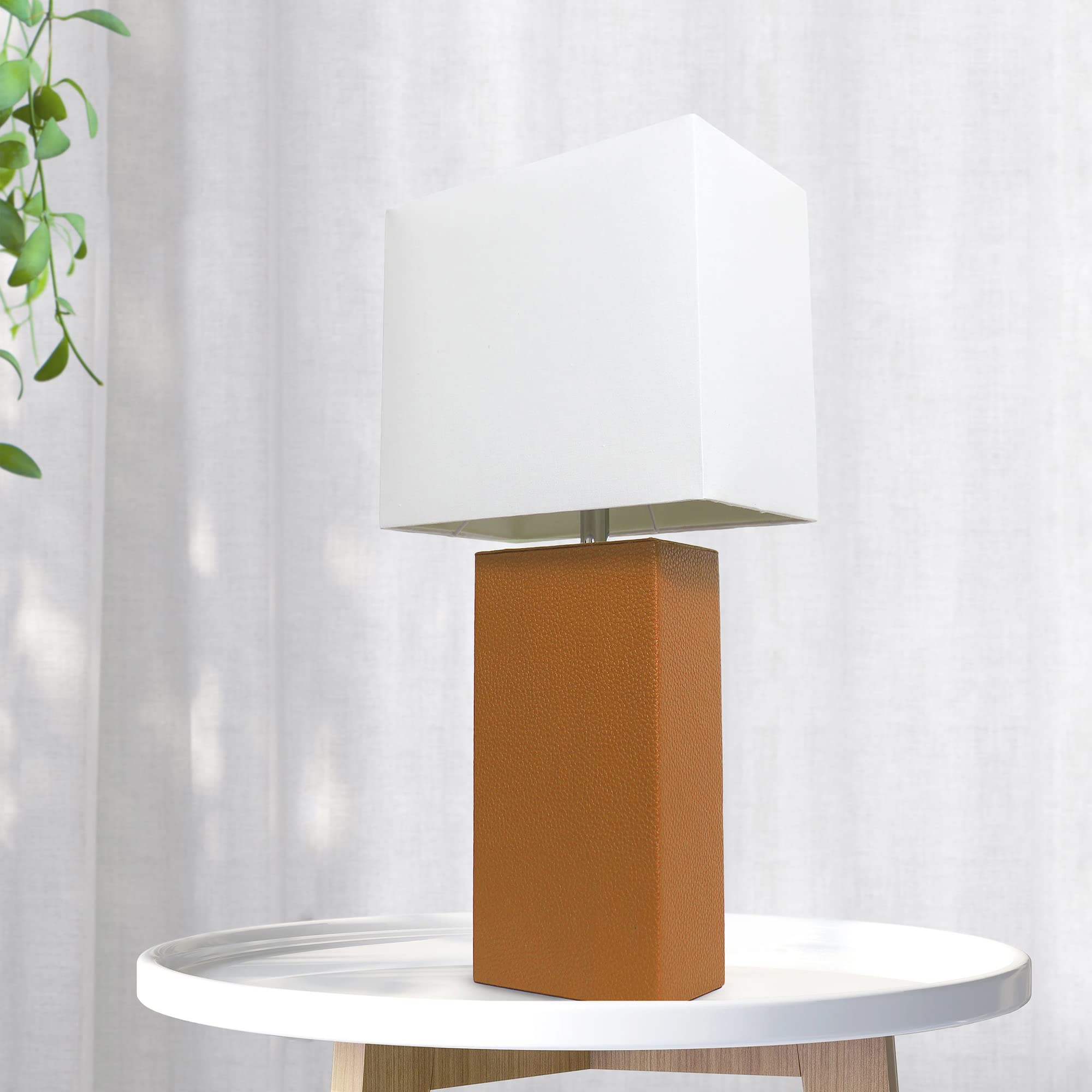 Lalia Home Tan Leather Base Modern Bedside Table Lamp With White Fabric Shade, 21&quot;