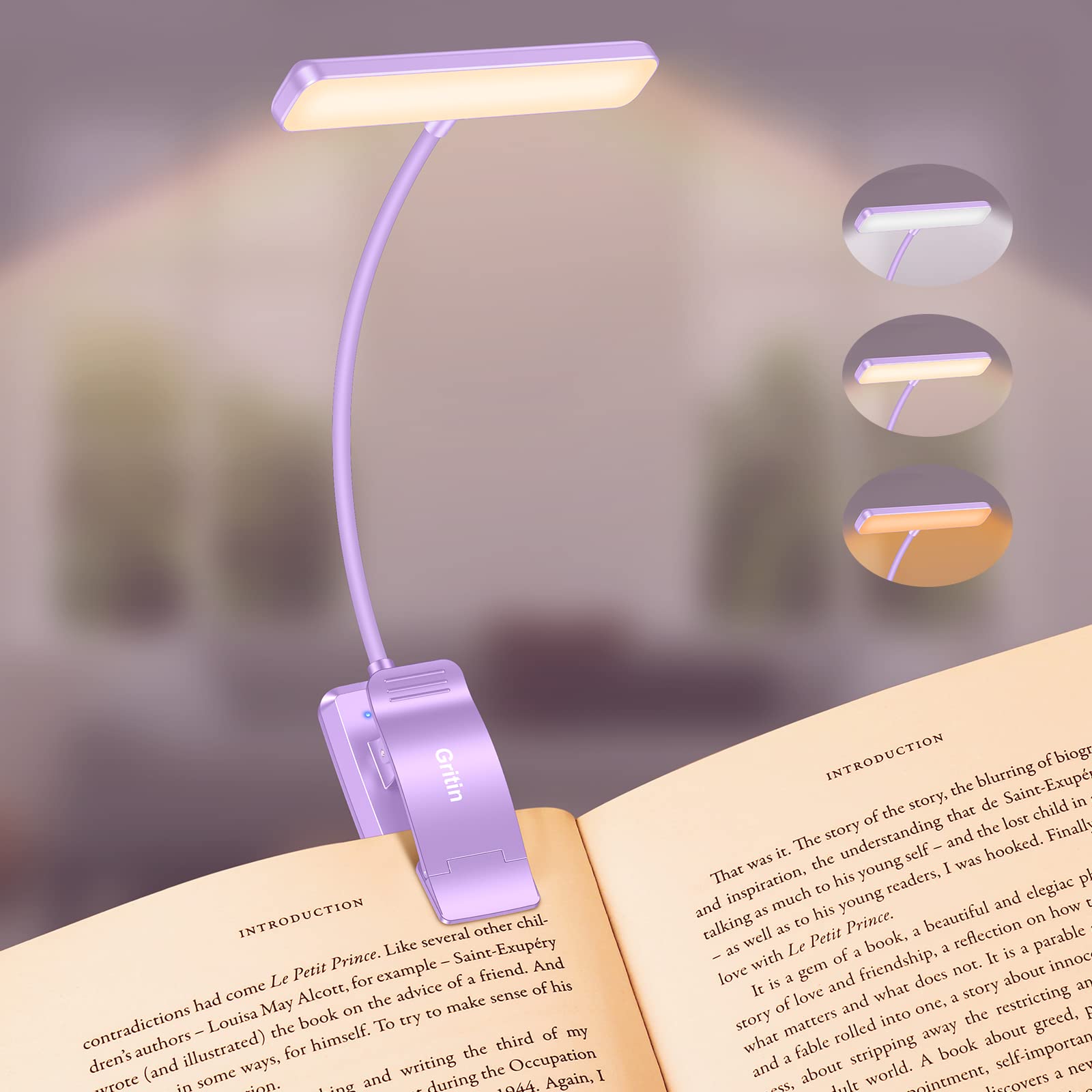Gritin Rechargeable Book Light, 3 Color Temperatures, Stepless Dimming, 80 Hrs Runtime, 11.1 x 10 x 3.8 cm, Purple,