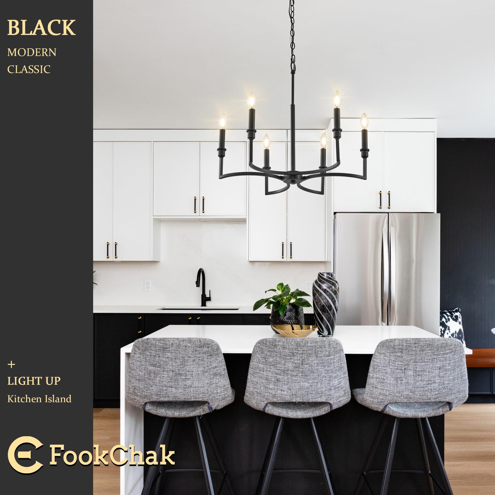 Fookchak Black Chandelier 6-Light Dining Room Chandelier Light Fixture Metal Candle Chandelier For Dining Tables Kitchen Island