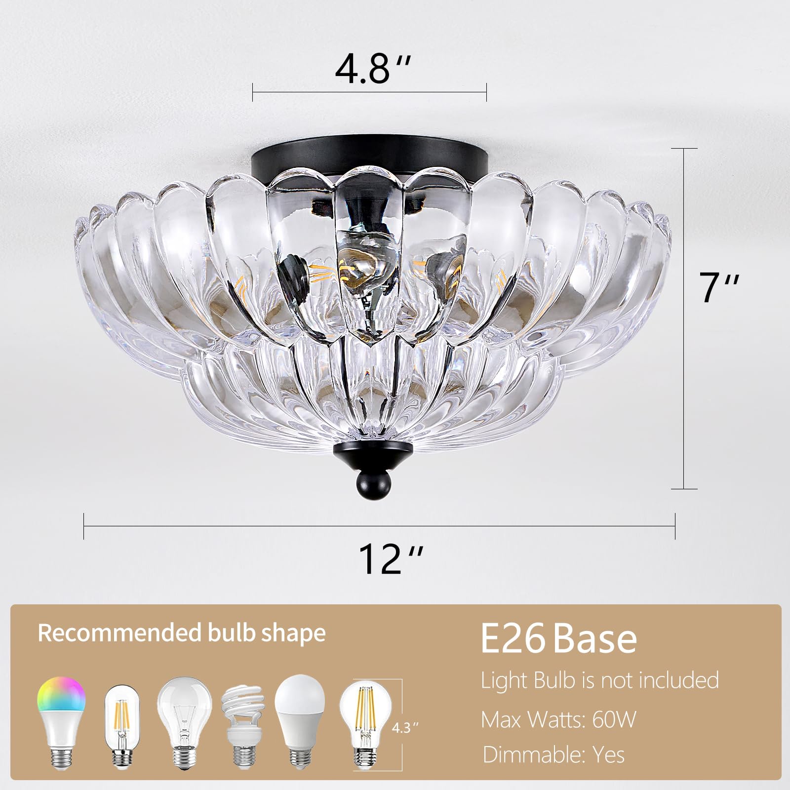 Haodengshi Modern Black Ceiling Light Fixture, 12" Clear Glass Flush Mount for Living Room, Hallway, Kitchen, Bedroom, Model HDS-XDD007