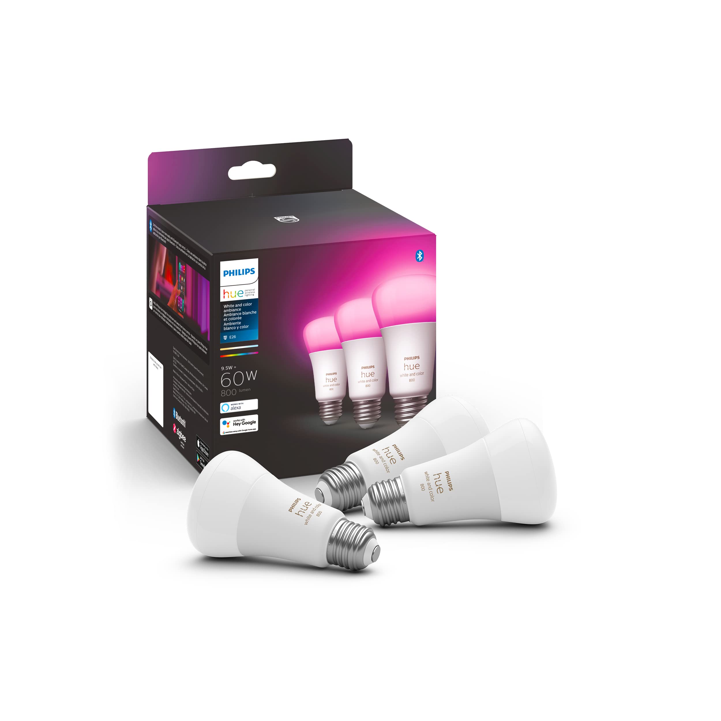 Philips Hue Smart 60W A19 Led Bulb - White And Color Ambiance Color-Changing Light - 3 Pack - 800Lm - E26 - Indoor - Control Wit