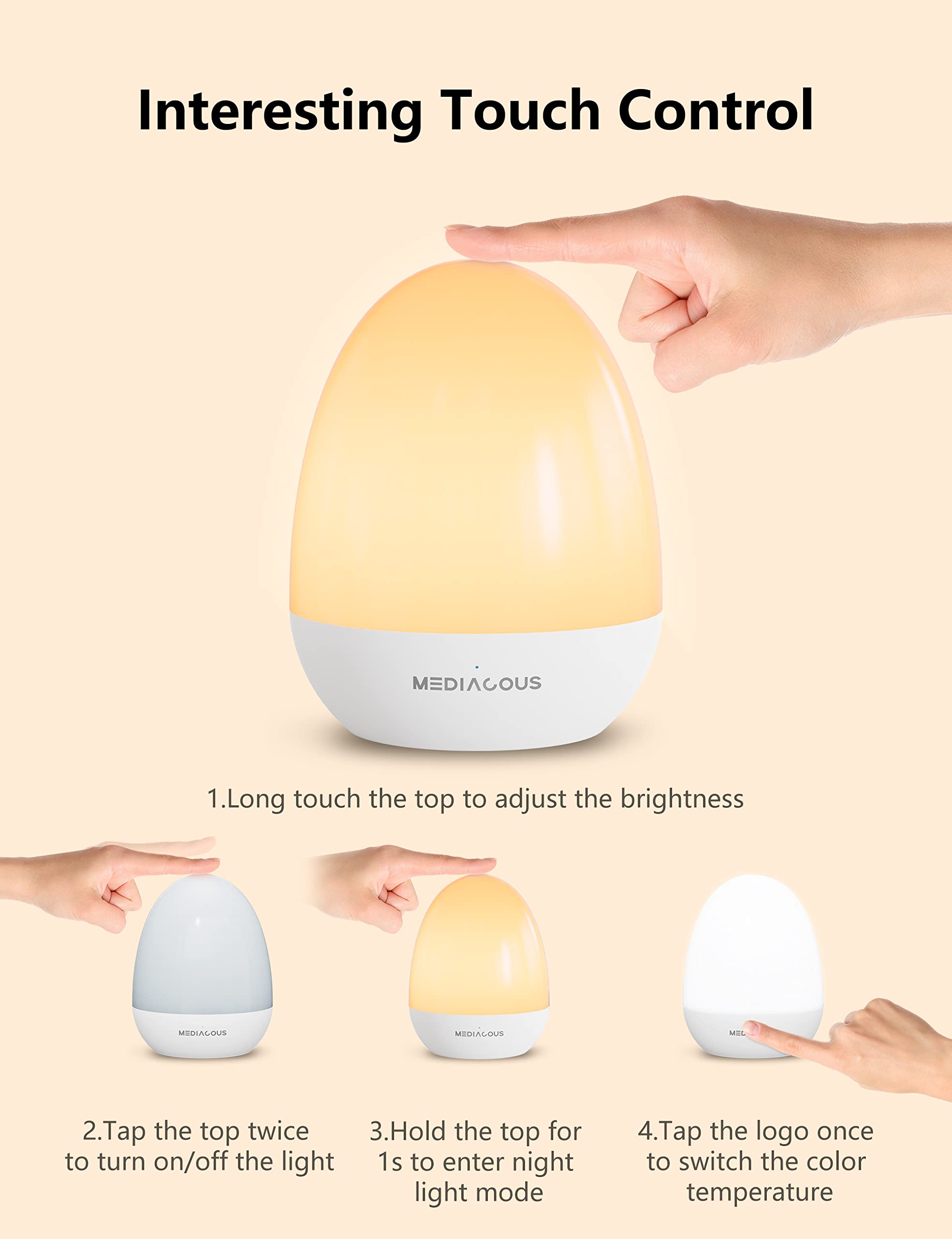 MediAcous Kids Night Light - Dimmable LED Egg Lamp with Touch Control, Timer, Stable Charging Pad, White, Model ME-NL02