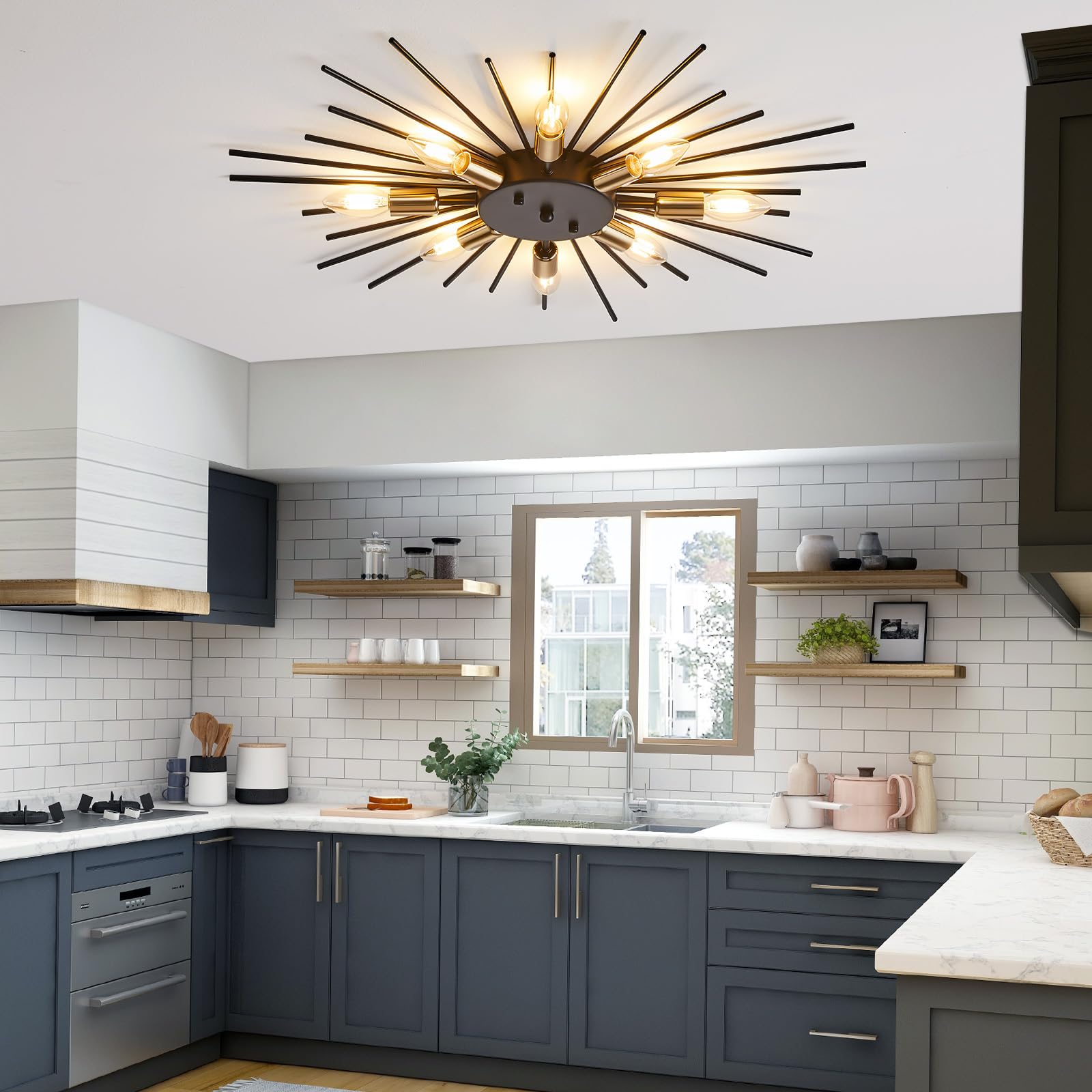 Yunnix Semi Flush Mount Ceiling Ligths 8 Lights Satellite Lights Metal Ceiling Light Gold Modern Ceiling Light Dining Room Light