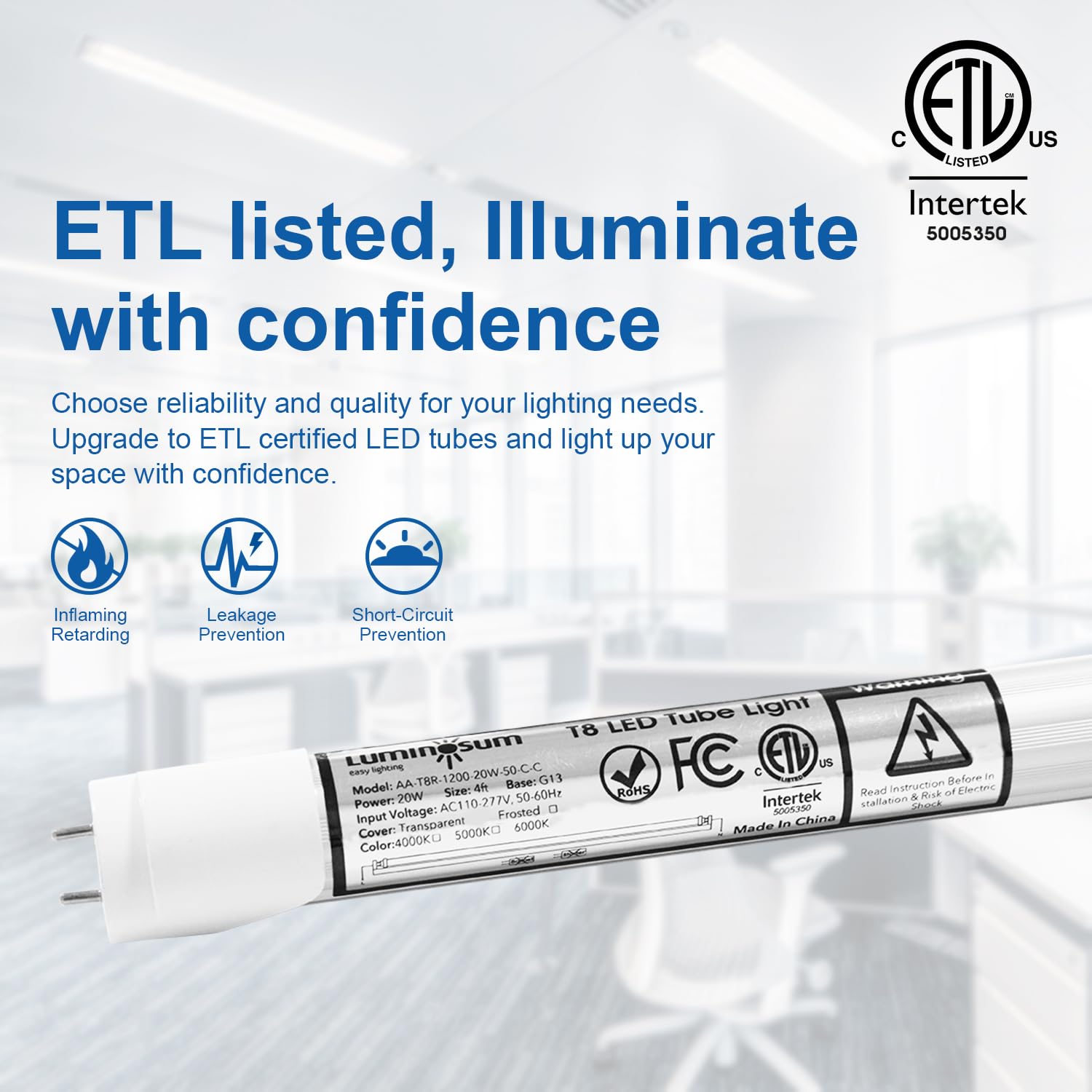 Luminosum Led T8 Light Tube 4 Foot 20W (40W Equivalent) Dual-Ended Powered G13 Clear Cover Daylight 5500-6000, Etl Listed, 25-Pa