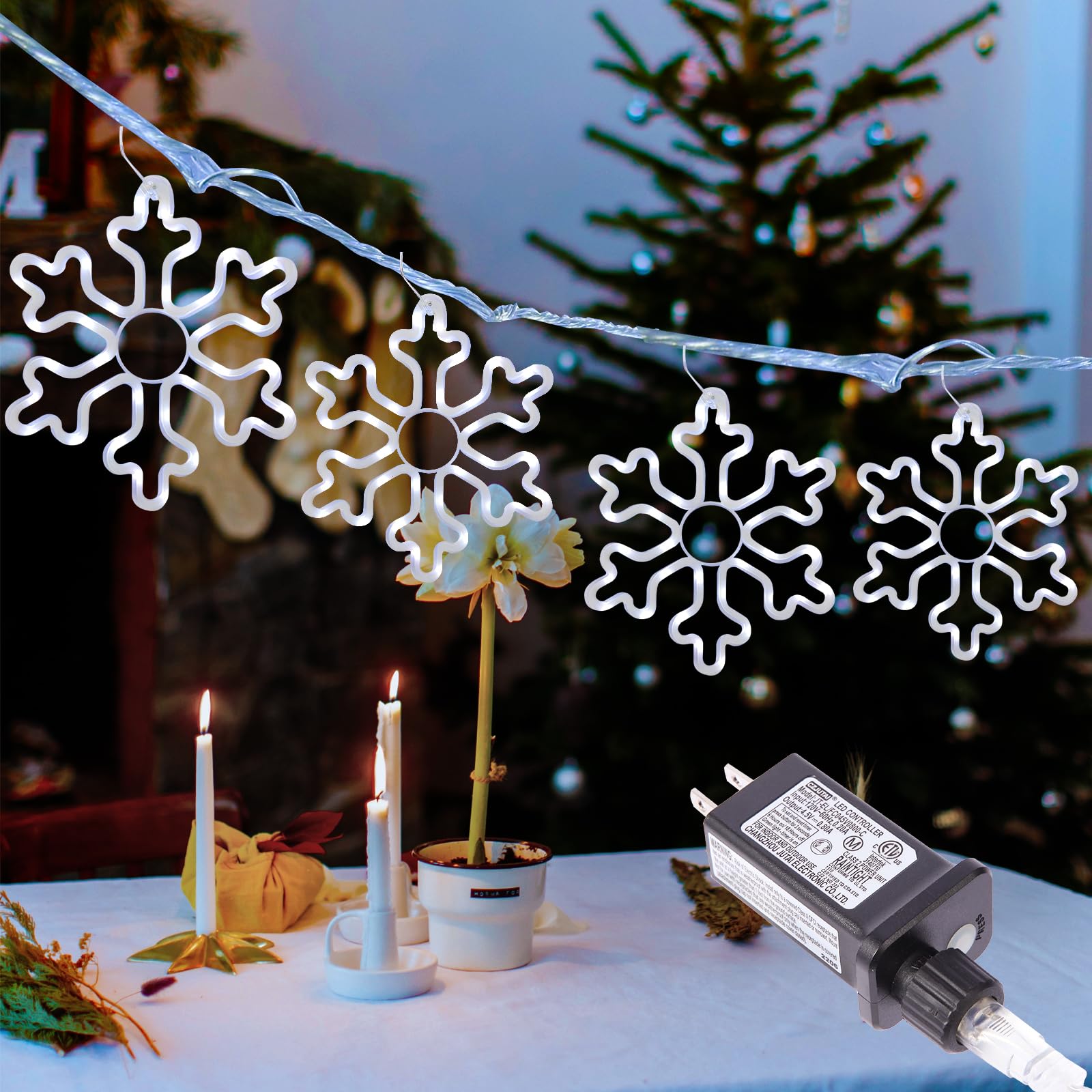HuiZhen 4pcs LED Snowflake Lights Outdoor Christmas Decorations, White, 11.4in, PVC, 8 Lighting Modes & Timer
