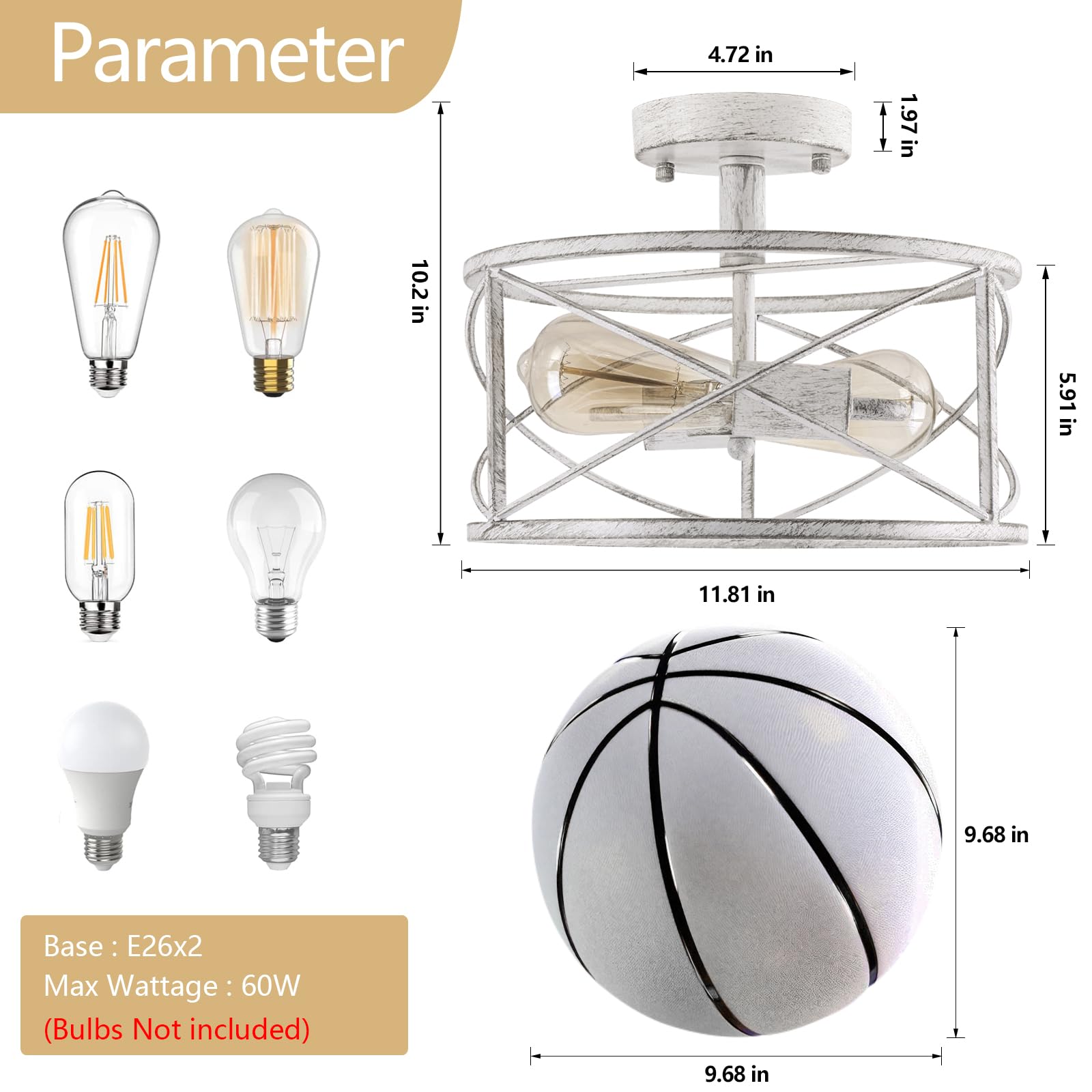 WELTRANS 2-Light Metal Cage Flush Mount Ceiling Light Fixture, White, Model JH6793-2PW, Ideal for Hallway, Bedroom, Kitchen, Living Room