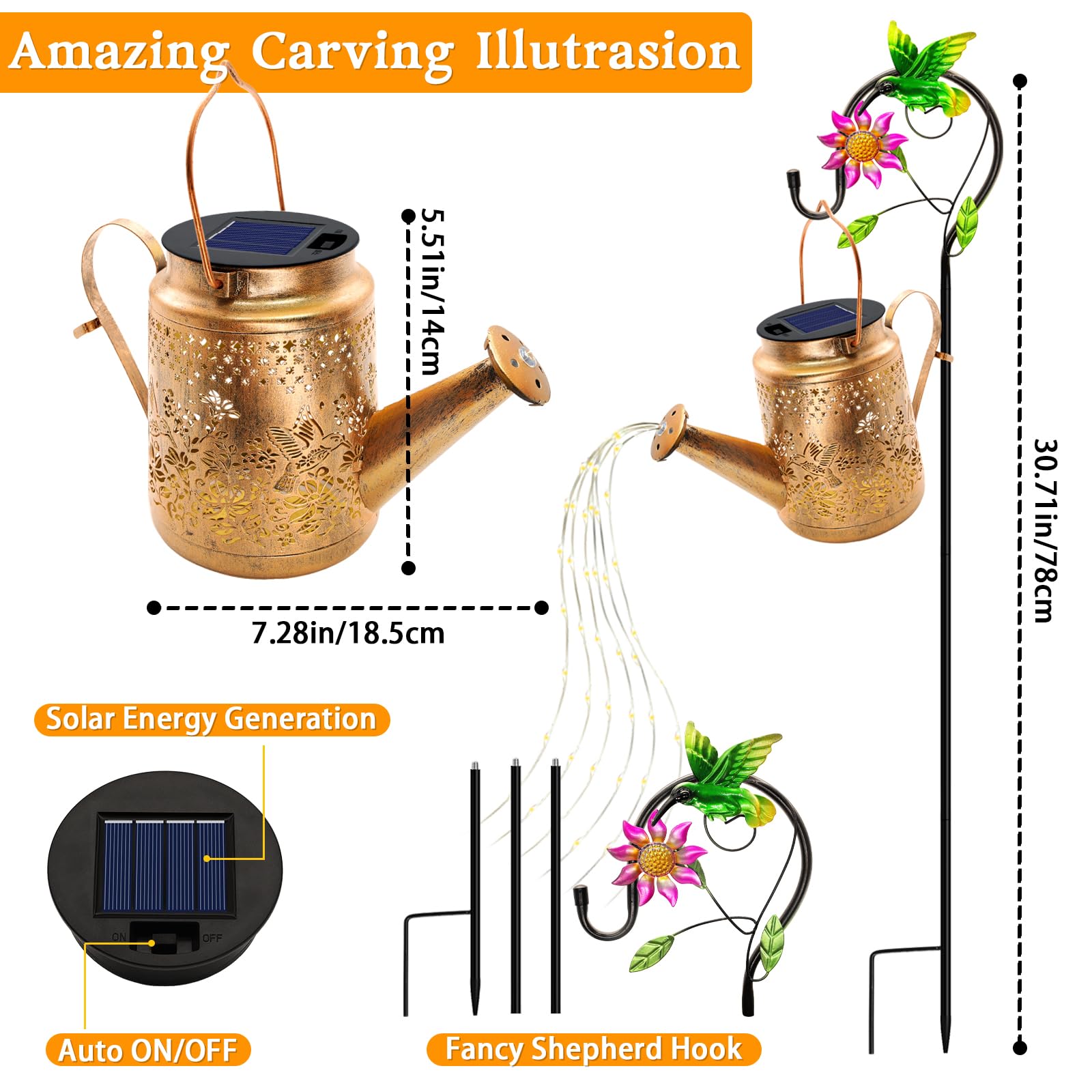 YJFWAL Solar Lanterns - Outdoor Waterproof Hummingbird Decor, Warm White, Metal, 1 Pack, Model QNHFN-SHD-1P-WW, Perfect for Garden & Patio